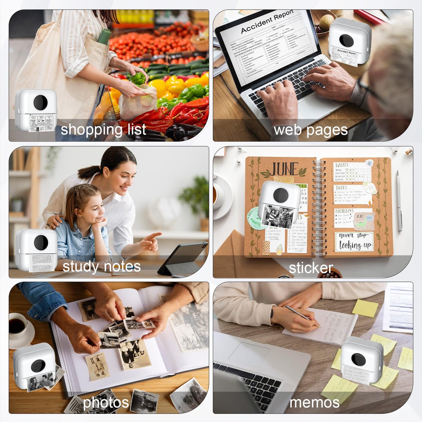 Mini printer with bag, mini label printer bag Portable mini photo printer 10 rolls of printer paper Bluetooth photo printer thermal printer for learning aids learning notes journal memo (White with Bag)