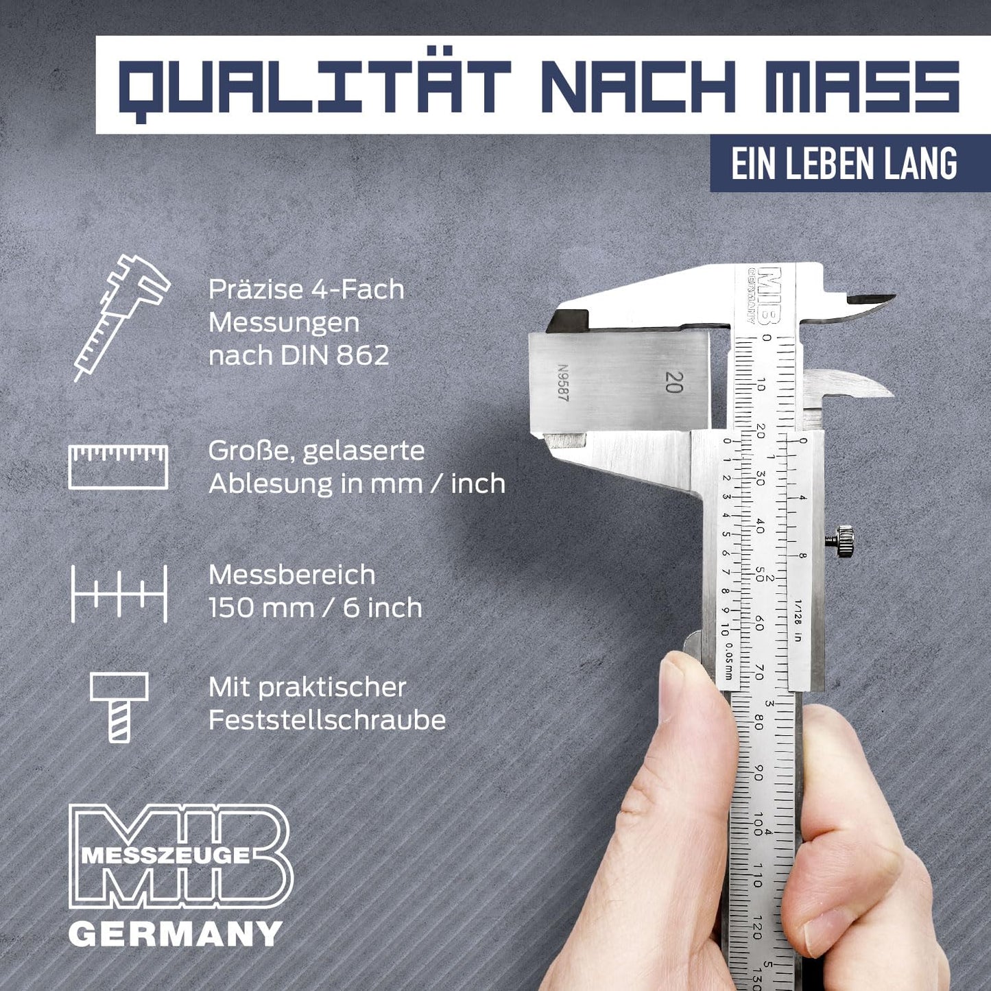 MIB Vernier caliper with locking screw DIN 862 150mm | Stainless steel caliper | Analog caliper | Vernier caliper with matt chrome finish | Precision measuring instrument for 4-way measurement | Measuring tool
