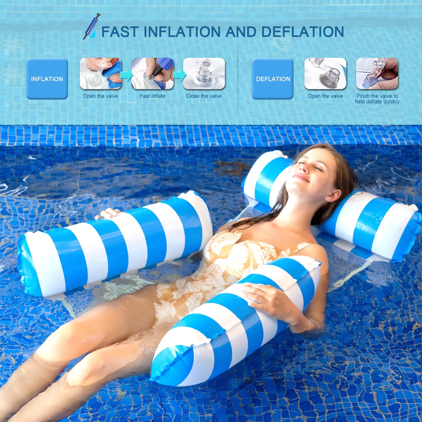 Inflatable pool water hammock for adults with net accessory. Fun swim seat hammock inflatable toy for 2 people. Perfect for ocean, beach, or lake.