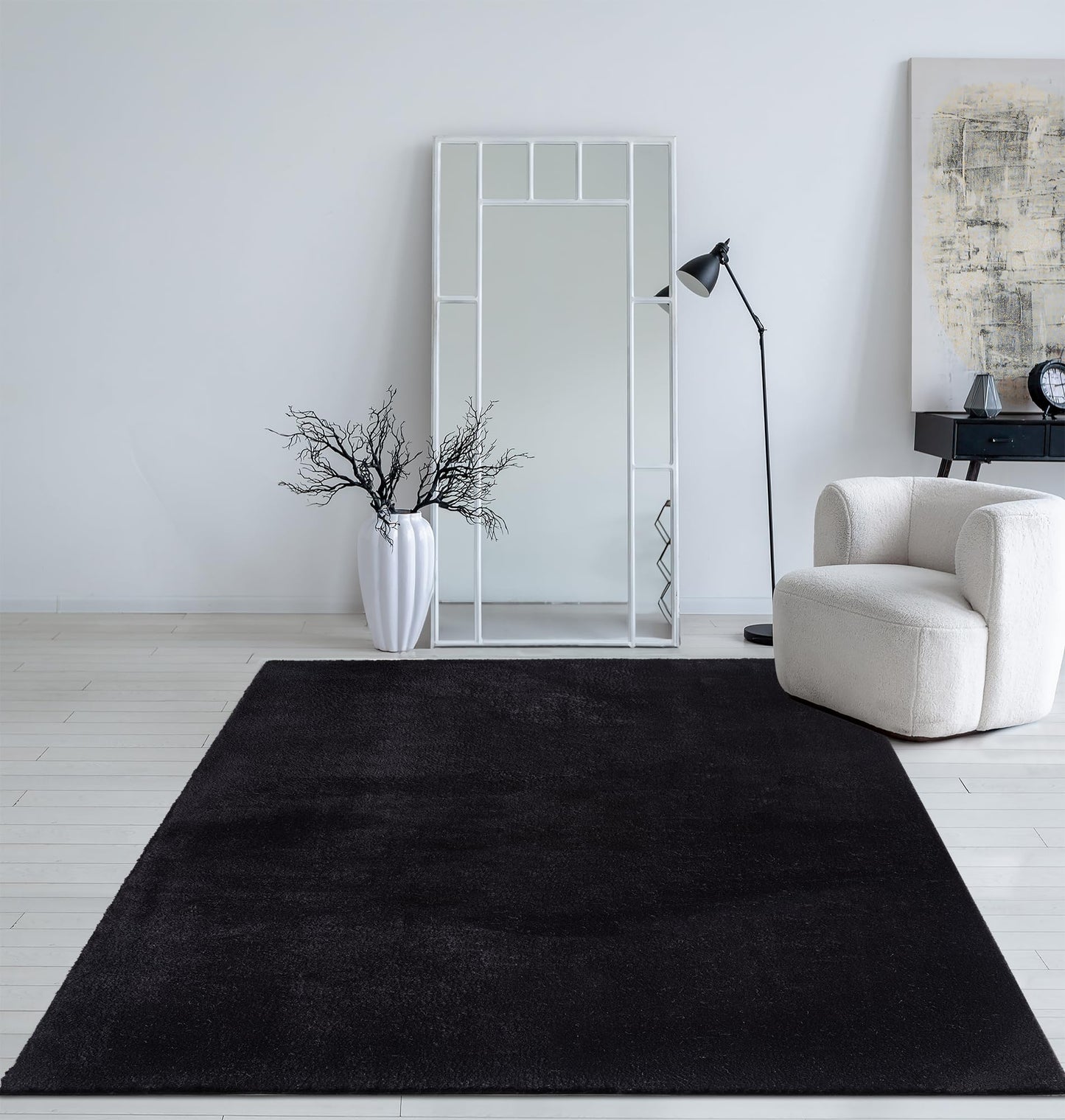 Mia's Carpets Taos cozy short pile carpet, non-slip bottom, washable up to 30 degrees, super soft, fur look, Black, 140 x 200 cm
