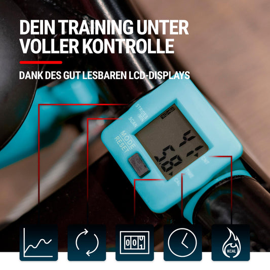 Hop-Sport stepper with handrails, blue - compact swing stepper for home, fitness equipment with LCD display and expander, Nordic walking training, max. load 100 kg