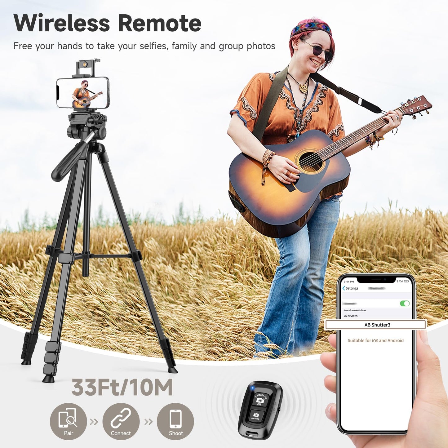 JOILCAN Camera Tripod, 173cm lightweight phone tripod for Smartphone/iPhone/iPad with detachable head, portable aluminum travel tripod with remote control and phone & tablet holder, load capacity 3.6KG