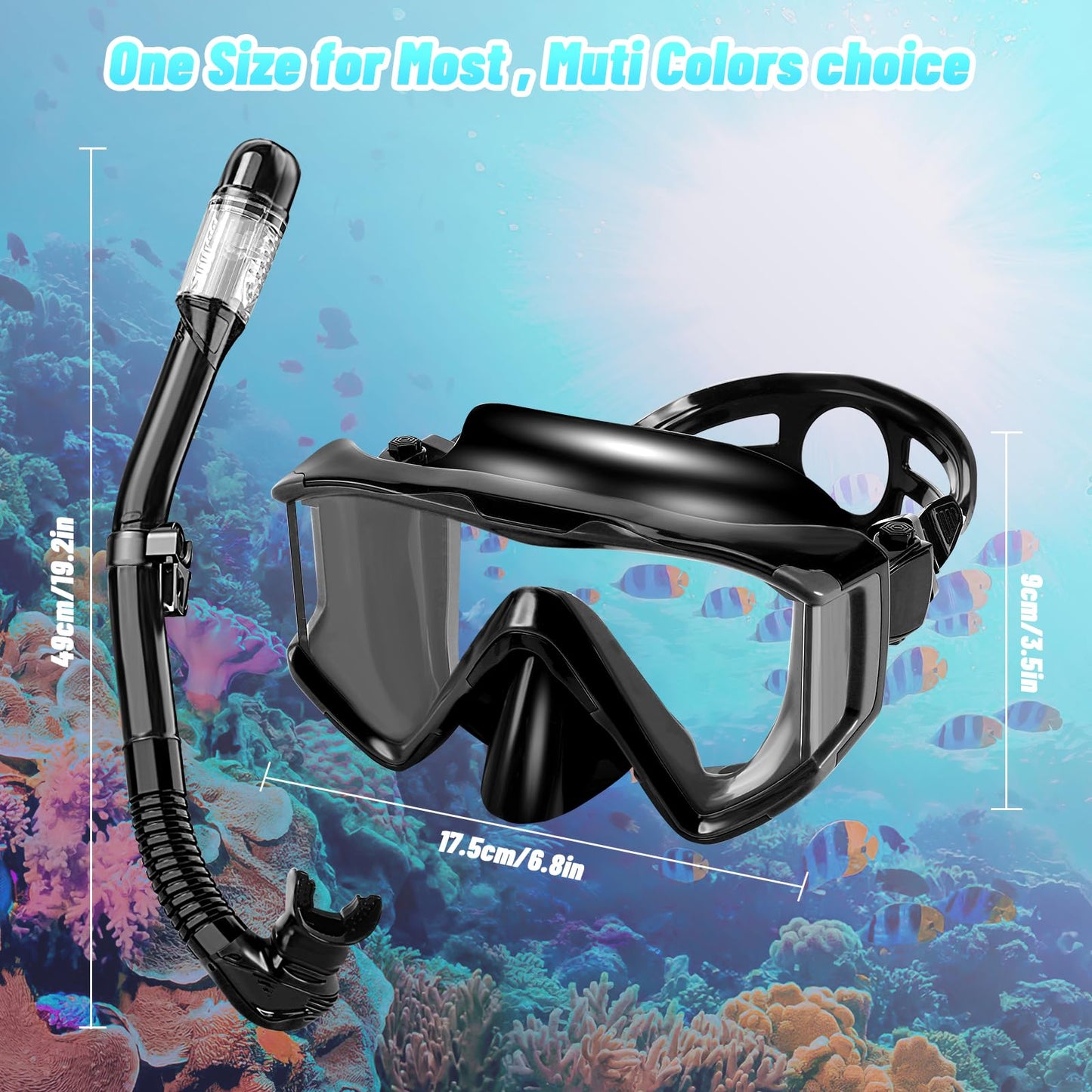 Adult Snorkel Set, Adult Diving Mask with Dry Snorkel, Waterproof Dive Mask Anti-Fog Anti-Leak, With Tempered Glass Lens, Snorkeling and Diving Snorkel Sets (Black)