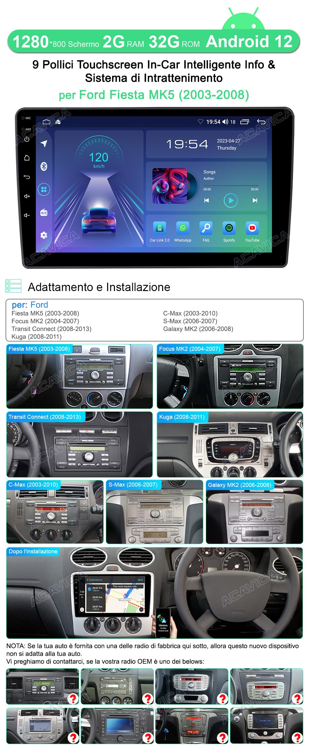 ACAVICA 9 inch Android car radio for Ford Fiesta MK5 Focus MK2 Transit Kuga C-Max S-Max Galaxy Wireless Carplay Car Radio Bluetooth GPS Navigation SWC WiFi