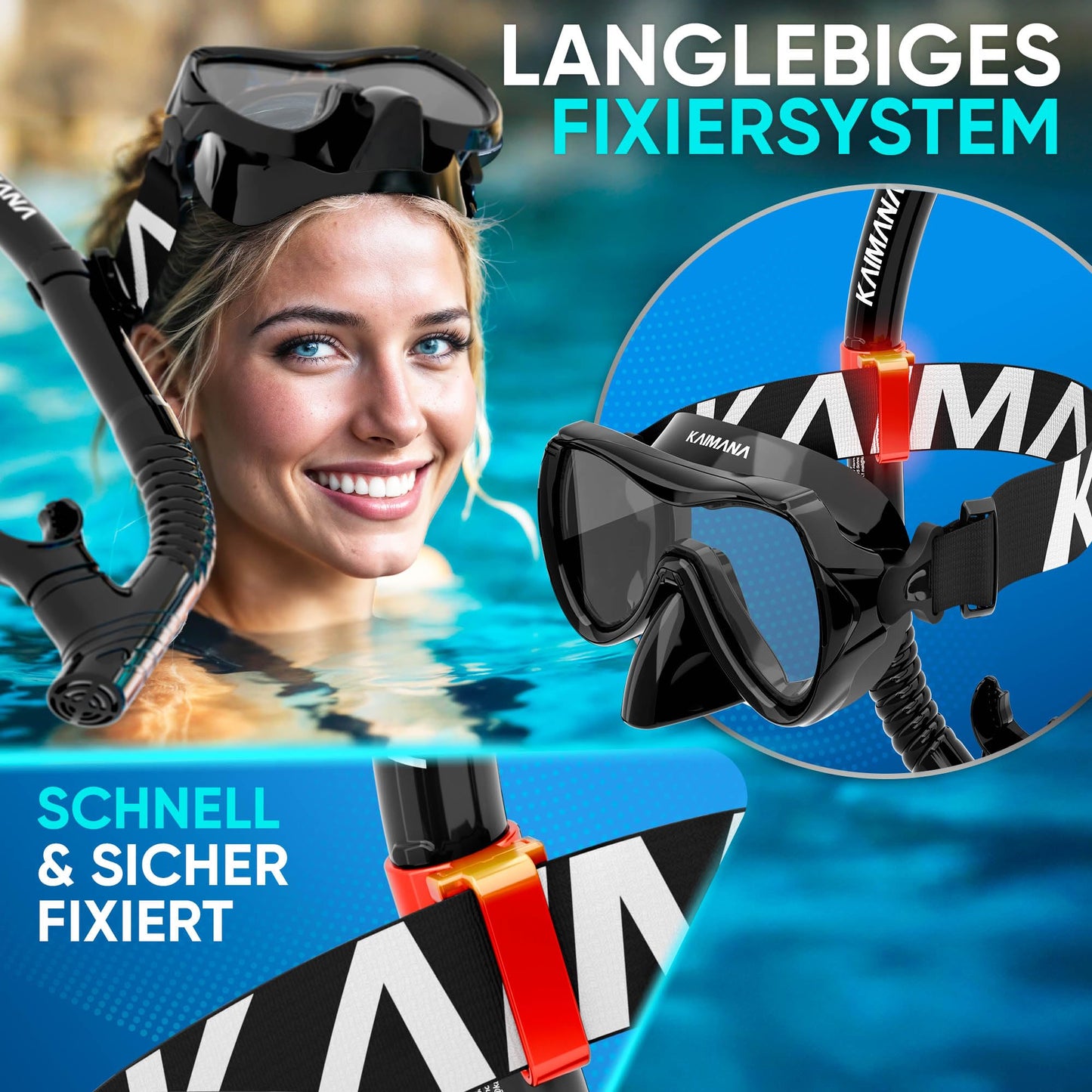 KAIMANA® Snorkel Set for adults with tempered safety glass (diving mask & dry snorkel), Comfortable adult diving mask with silicone or fabric strap.