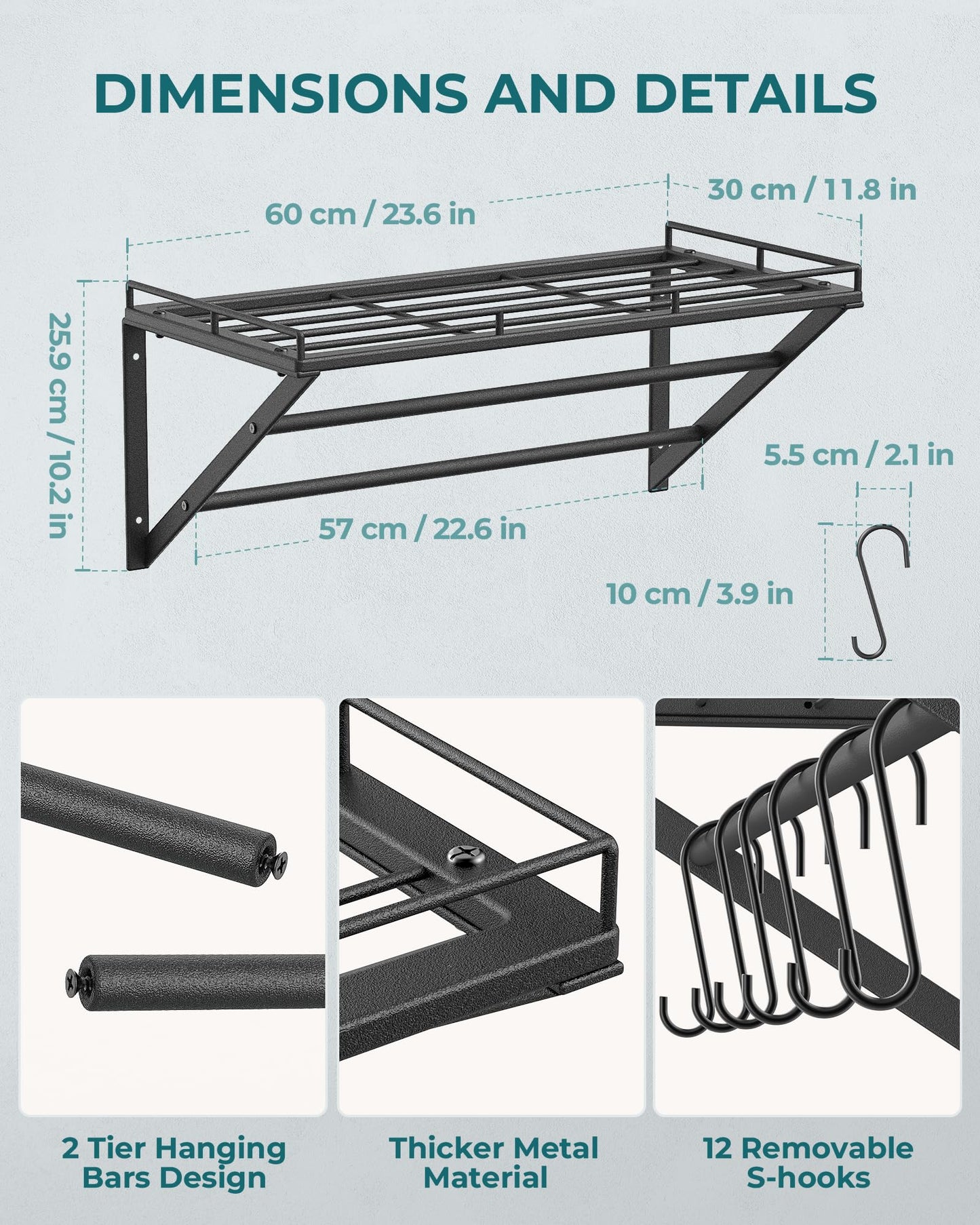 OROPY Pot Rack, 3-Tier Iron Kitchen Shelf Wall Mounted, Pan Holder with 12 Hooks, 60 * 29.5 * 24.5cm, Kitchen Utensil Holder, Kitchen Wall Shelf for Pots and Pans