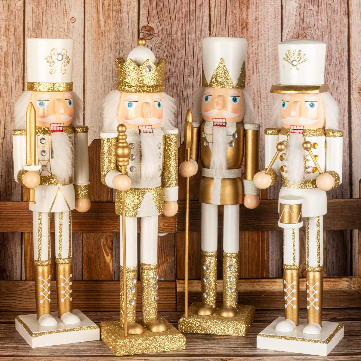 AI Store 38 cm Christmas Nutcracker Figures Christmas decor Large wooden Nutcracker Figure Christmas decoration (Gold White)