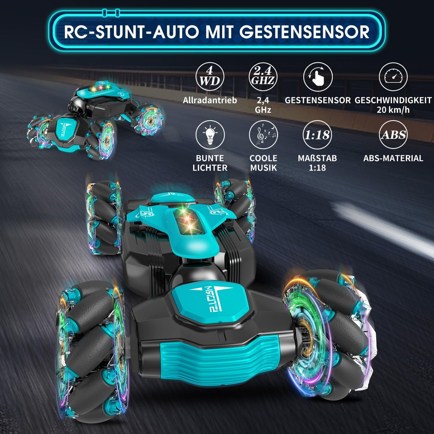 Dysaim Remote Control Car for 6 7 8 9 10 11 12 Year Old Boys Girls Christmas Birthday Gifts Indoor & Outdoor 2.4 GHz RC Offroad Twist Stunt Car 2 Battery Music Racing Car Hand Control Toy