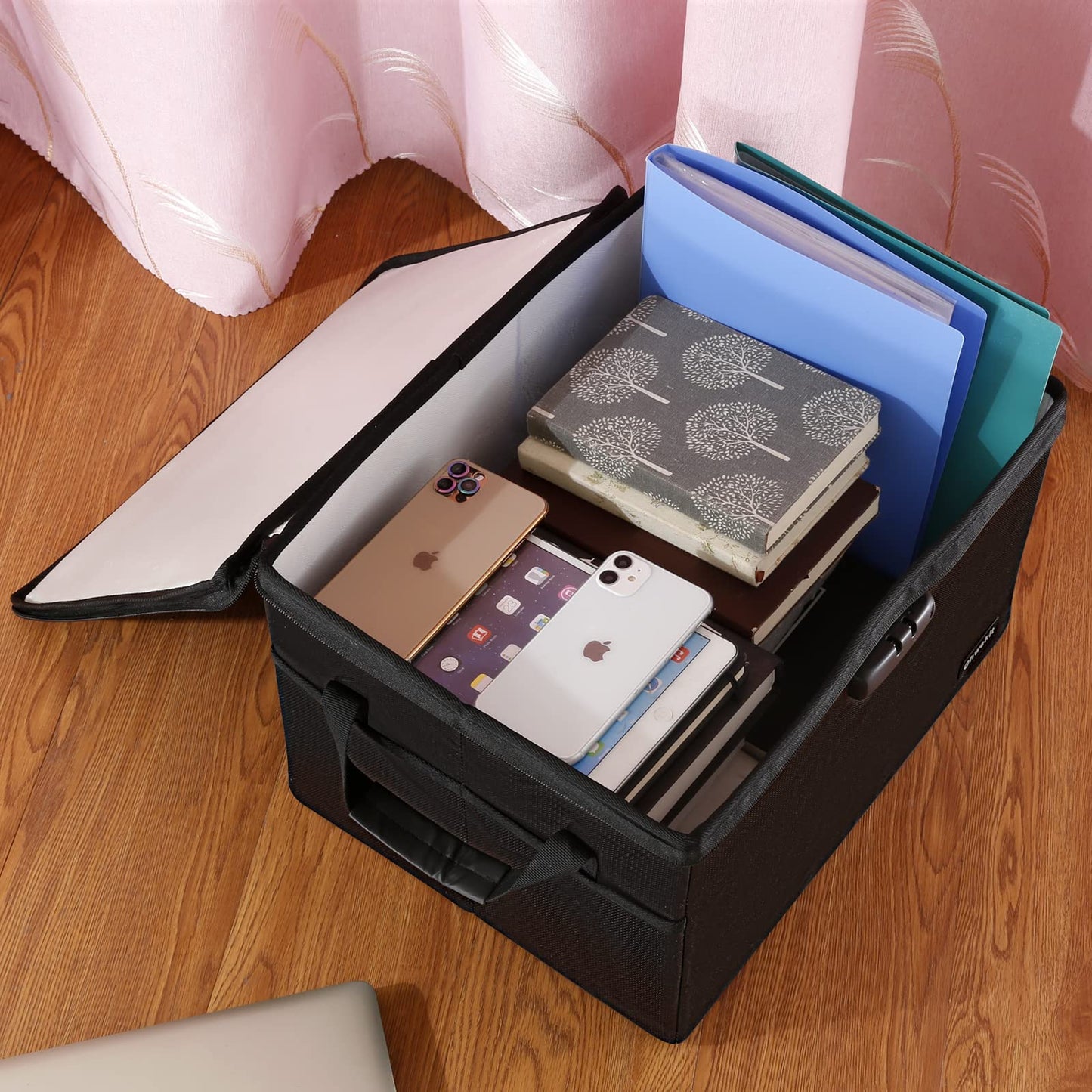 Hodufy Large (409 x 322 x 270 mm) Fireproof Safe Cash Box (2000℉), Waterproof and Fireproof Document Box, Bankers box with lock, collapsible storage box for hanging letters.