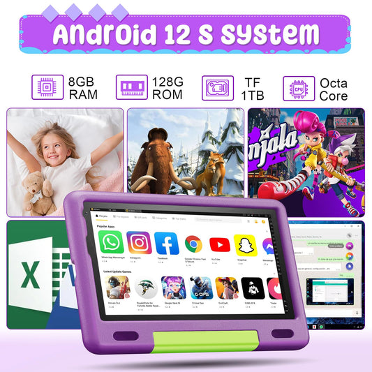 DUODUOGO Kids Tablet 9 Inch Android 12, 8GB RAM + 128GB ROM/TF 1TB, WiFi, 5000mAh, Kids Tablet with Parental Control, Kid Learning Games, Tablet for Kids 6+, with Cases, Computer Bag, Purple