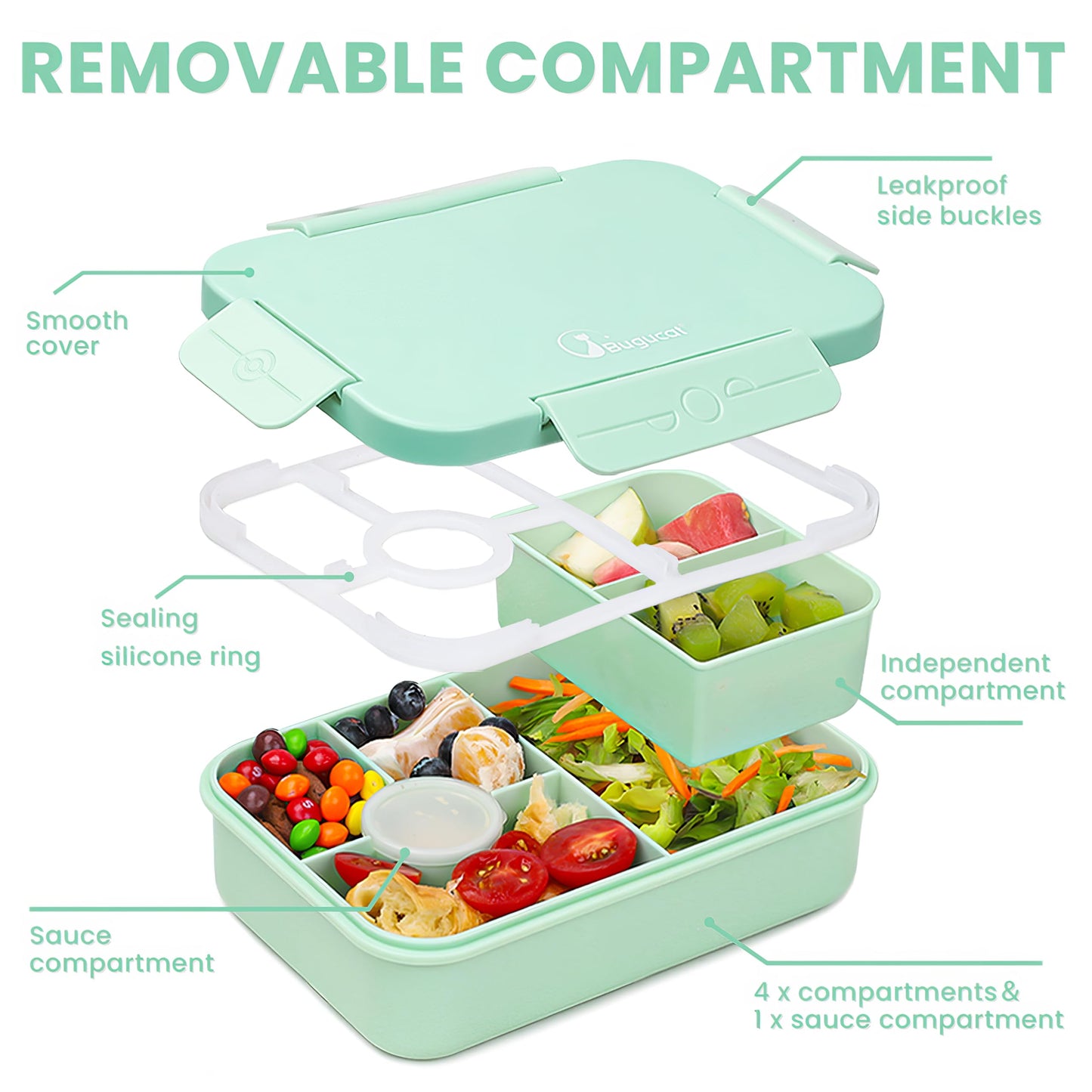 Bugucat lunch box for kids with compartments 1300ML, leak-proof lunchbox with 5 compartments, bento box lunch box with compartments for adults, breakfast box for boys & girls in green.