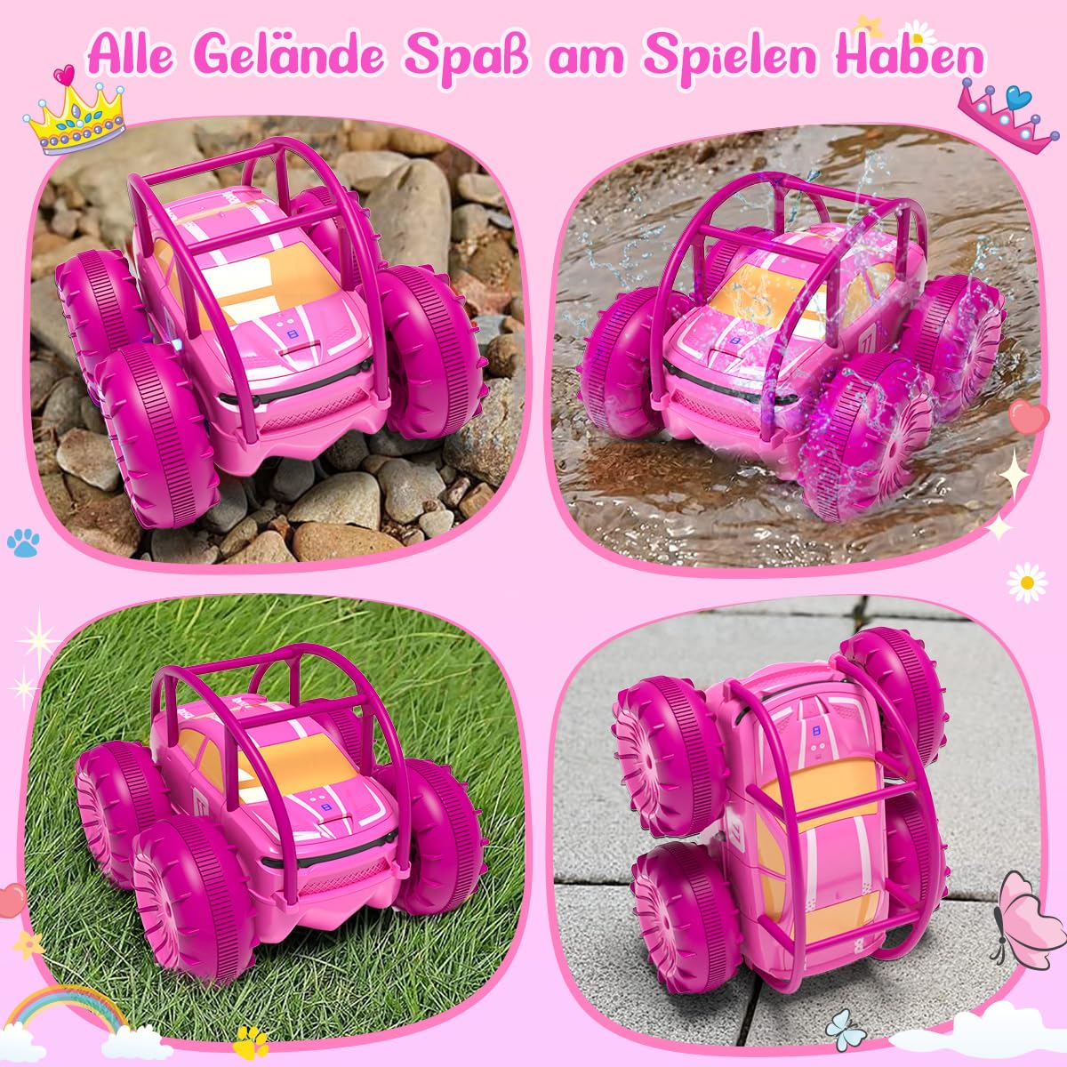 MaxTronic Remote Control Car for Girls, Direct Charge Amphibious Monster Truck with LED Light, 4WD Waterproof Indoor Outdoor RC Toy Beach Pool, Gift for Kids 3 4 5 6 7 8 9 years