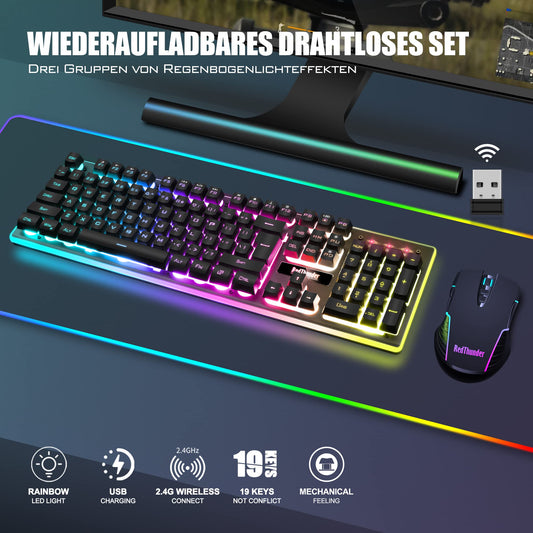 RedThunder K10 Wireless Gaming Keyboard and Mouse Set, QWERTZ DE Layout, 3000mA battery capacity and 3200 DPI for gamers (Black)