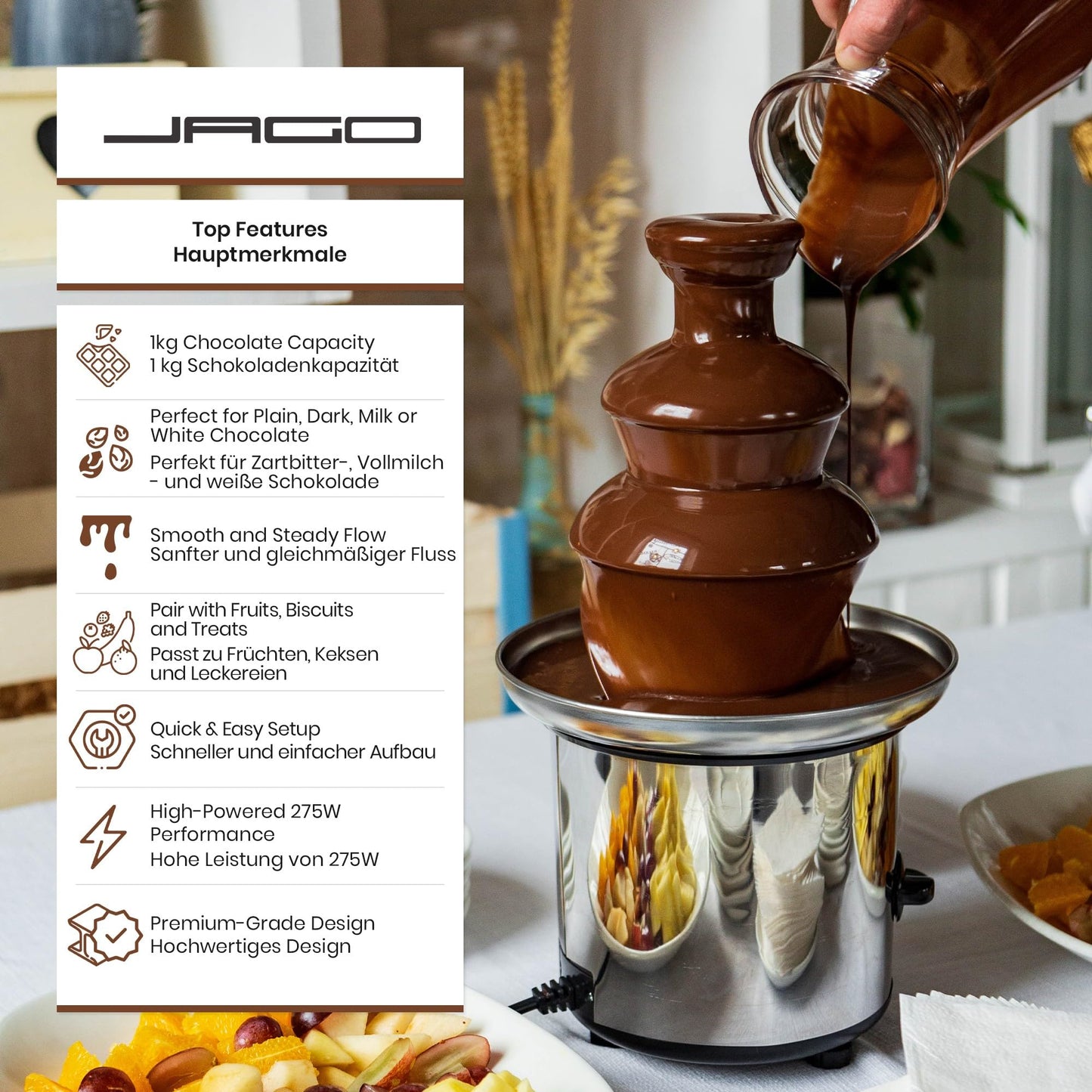 Jago® Chocolate Fountain 275W - 3 tiers, Max. Capacity 1 kg chocolate, Stainless steel, Dishwasher safe, Silver - Chocolate fountain, Chocolate fondue, Chocolate fondue, Chocolate fountain