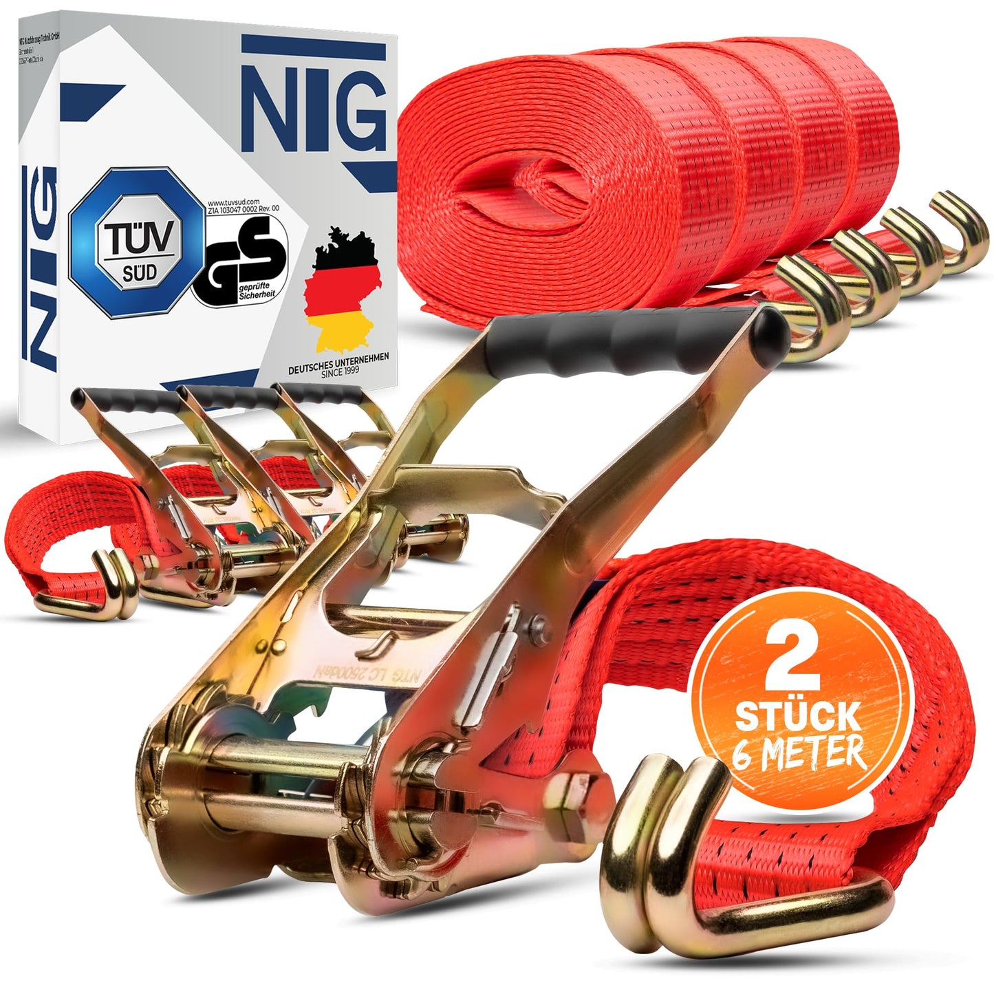 2 pieces | Lashing Straps | 6m | 5t (2500/5000 daN, kg) Weatherproof & robust ratchet straps | TÜV/GS certified | Two-piece | 50mm | with ratchet and hooks