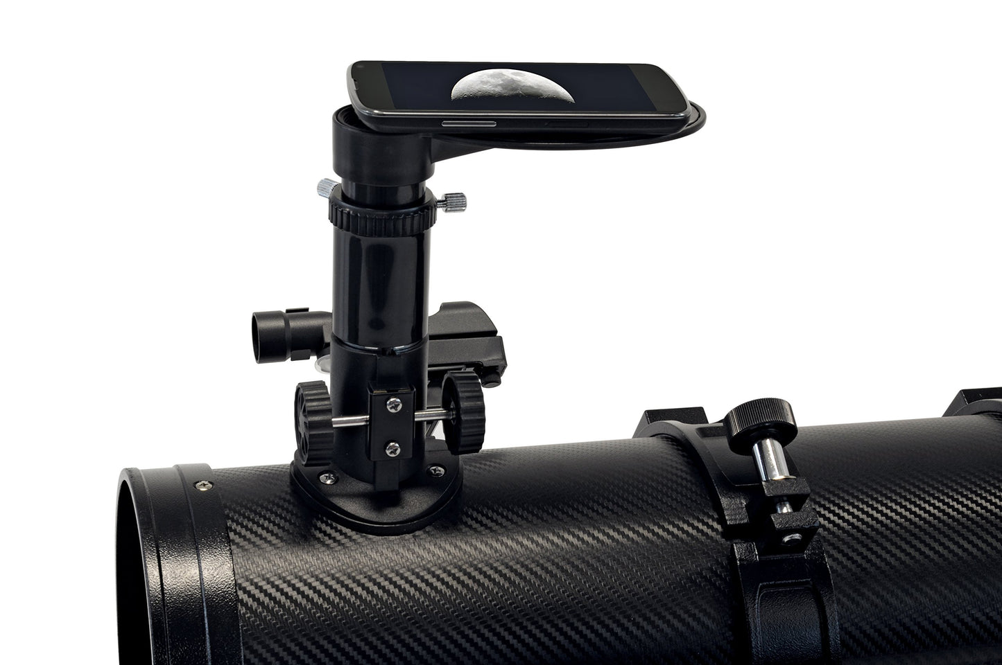 Bresser Spica EQ 130/650 reflector telescope with smartphone camera adapter and high-quality lens solar filter, including mount, tripod, and accessories.