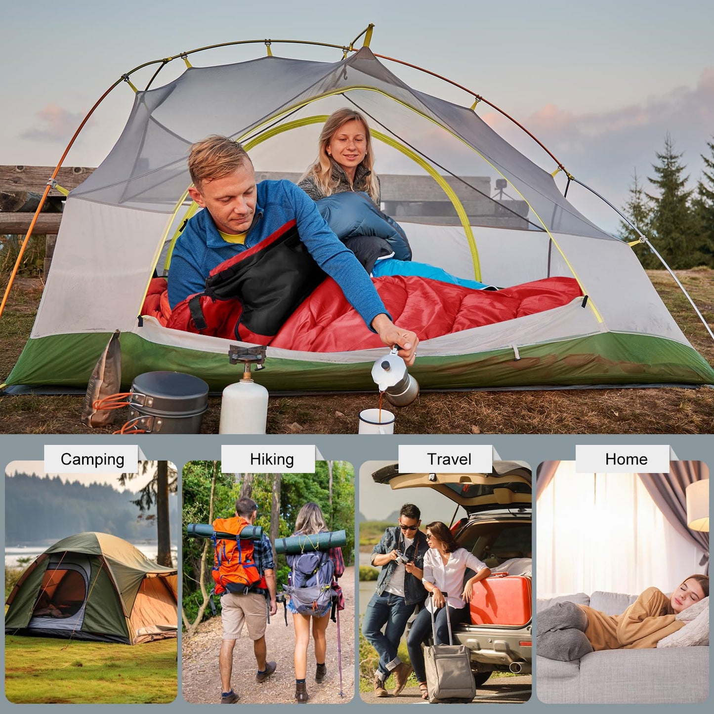 YARMINE sleeping bag, 3-4 seasons, outdoor camping gear for adults and kids. Portable, rectangular, soft, thick, and warm in red and black. Perfect for outdoor activities like hiking and travel.