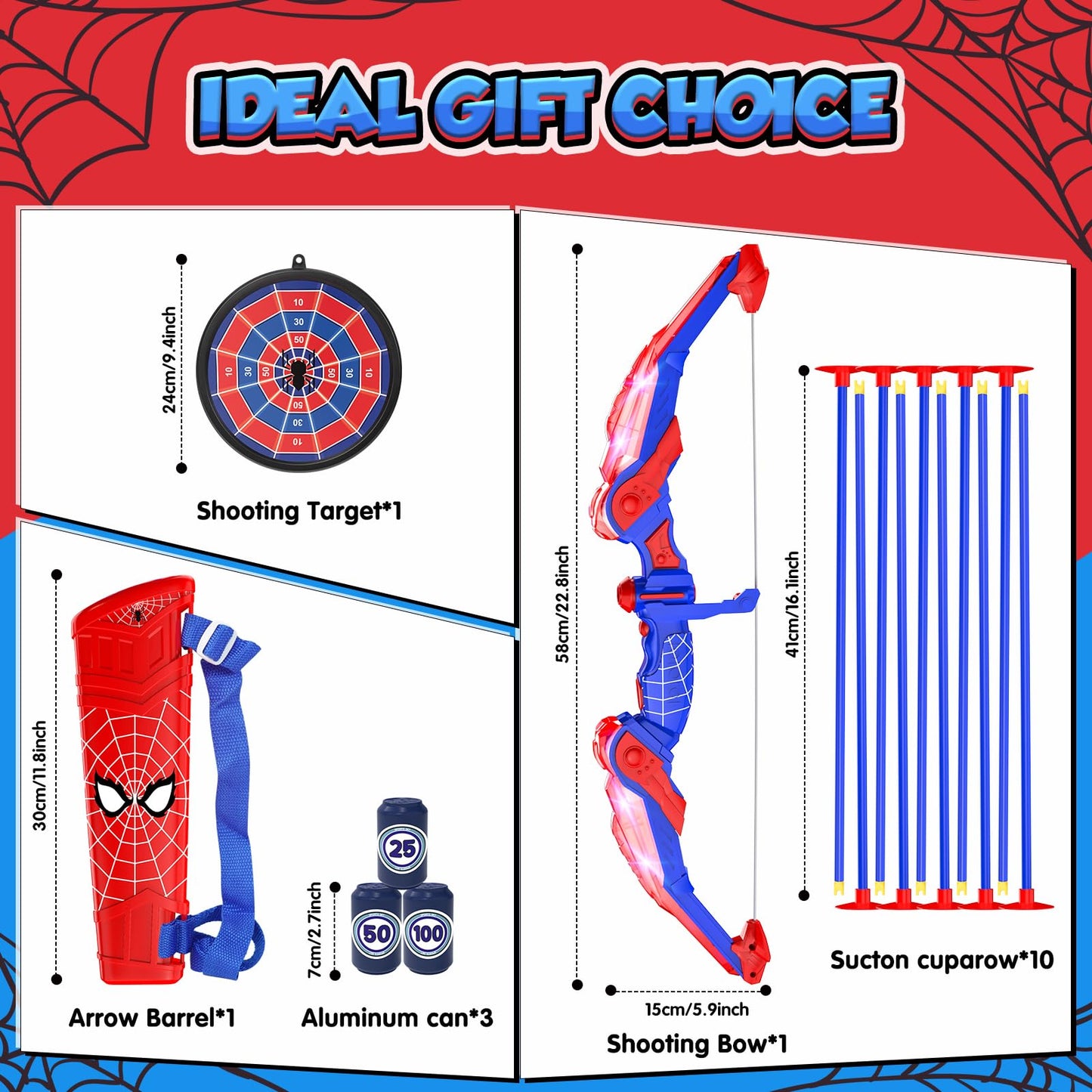 Lubolee LED lighted bow and arrow kids set, outdoor toy for boys aged 3-12, includes bow, quiver, 10 arrows, hanging target, and 3 foam targets.