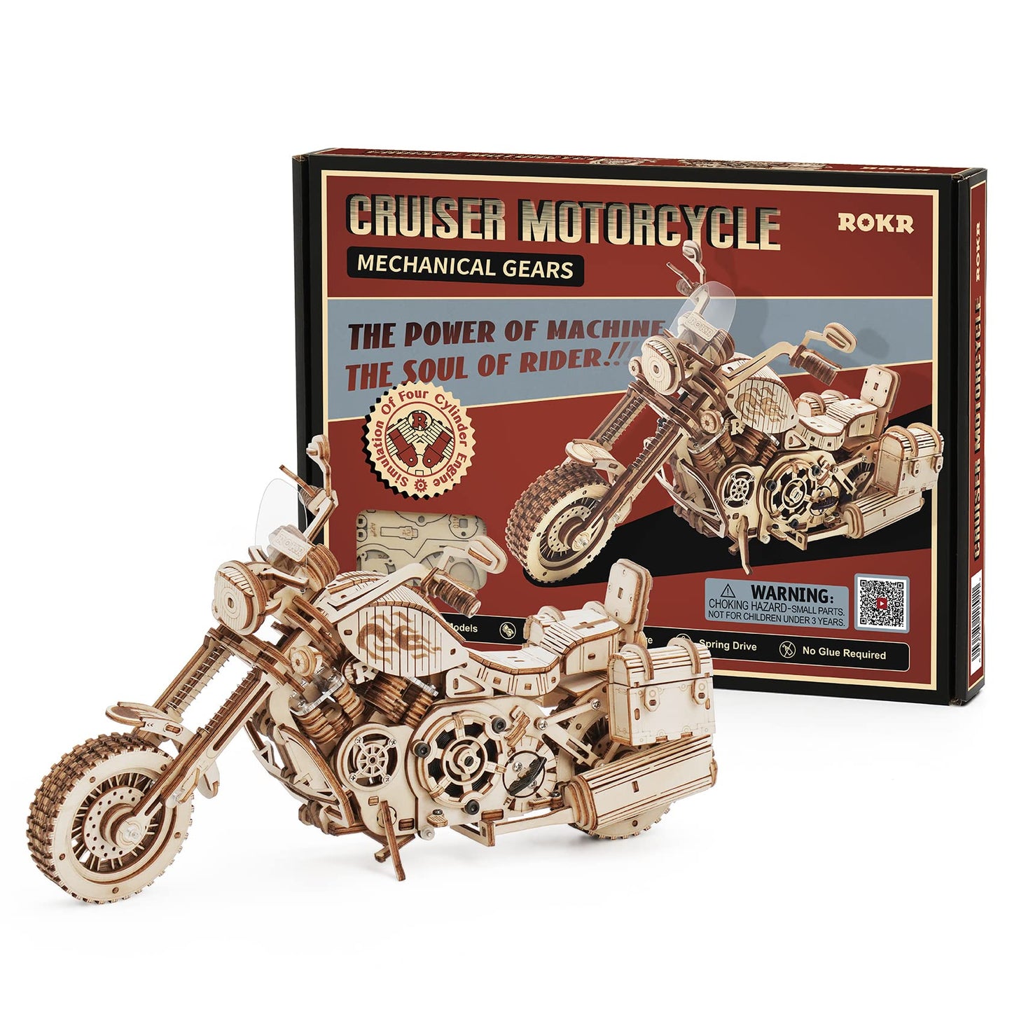 ROKR 3D Puzzle Wooden Building Set Mechanical Gear Model Cruiser Motorcycle for Kids Adults.