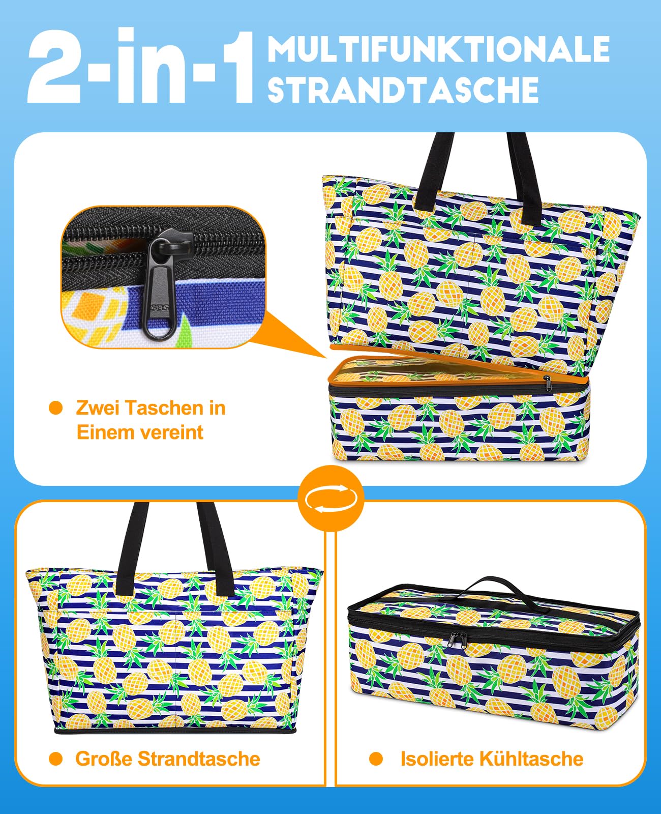 ISEYOU XXL Beach Bag Family with Cooler, Large Beach Tote with Zipper Waterproof Sandproof, Women's Handbag 49L, Foldable Beach Bag for Vacation Travel Gym Picnic