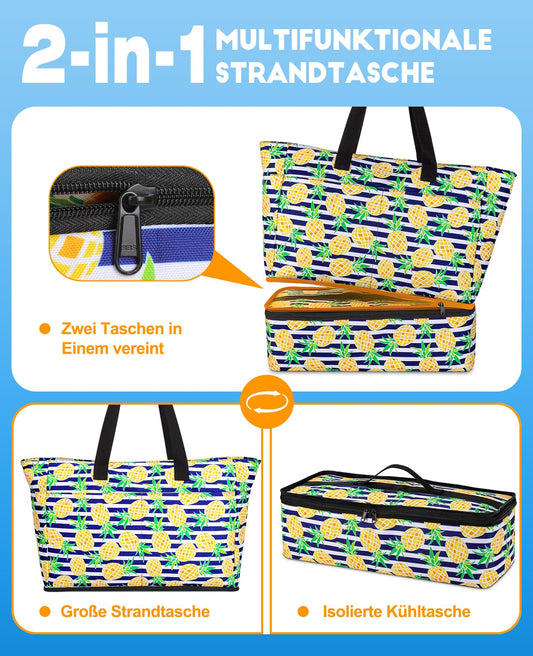 ISEYOU XXL Beach Bag Family with Cooler, Large Beach Tote with Zipper Waterproof Sandproof, Women's Handbag 49L, Foldable Beach Bag for Vacation Travel Gym Picnic