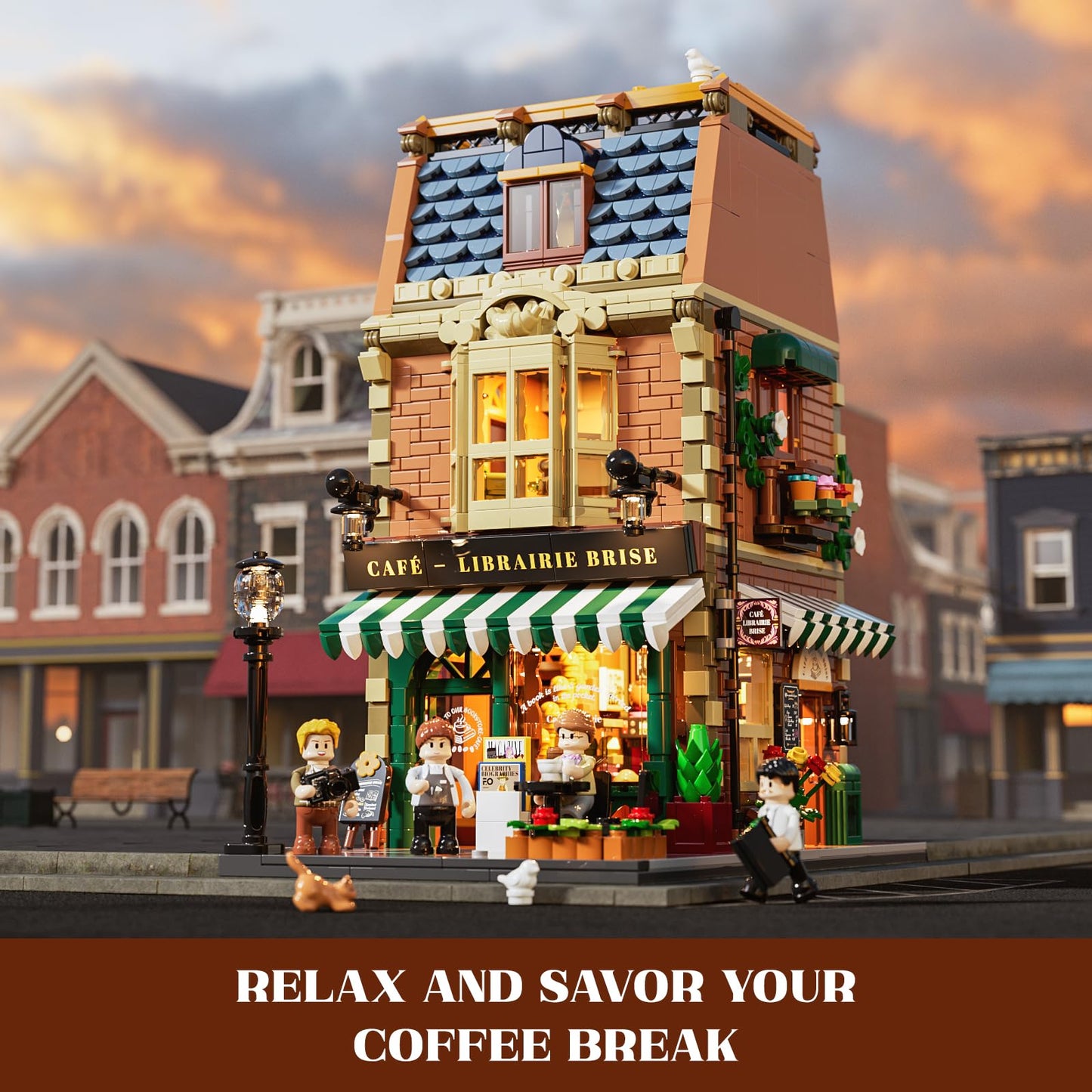 Funwhole Book Cafe Illuminated Building Block Set - City Coffeehouse LED Light Modular Building Model Kit 1718 Pieces for Adults and Teens