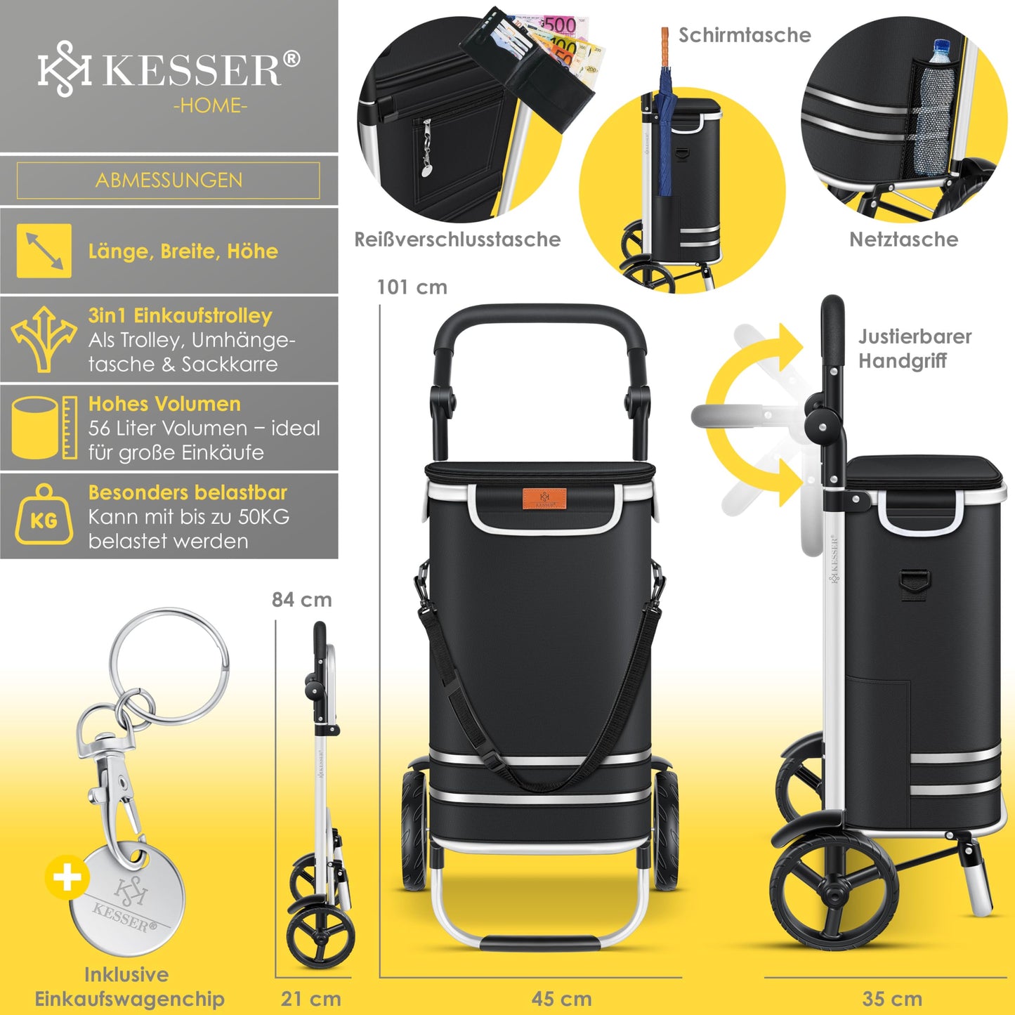 KESSER® Folding shopping trolley with 56L capacity and loadable up to 50kg | 3in1 trolley hand truck & shoulder bag | Foldable shopping cart including cooler compartment & shopping chip | Stair climber black