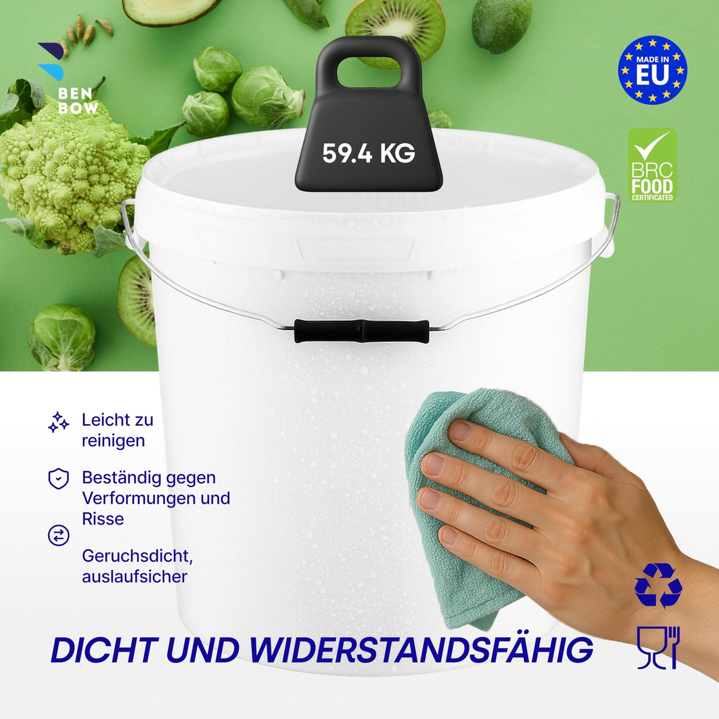 BenBow Bucket with Lid 20L White 5X 20 liters - food-safe, sturdy, airtight, leak-proof - plastic storage container with metal handle - empty