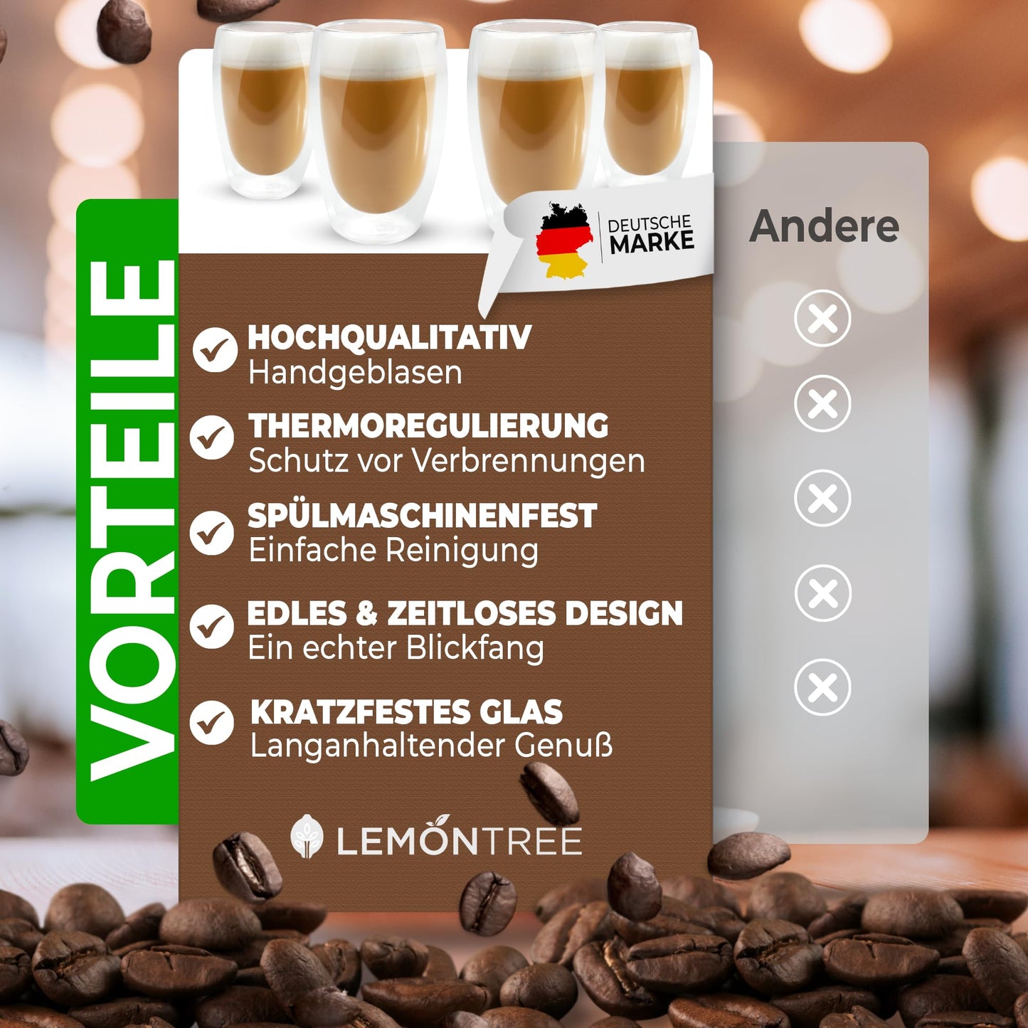 Lemontree 4-piece set of large Latte Macchiato glasses 450ml - double-walled glasses, design coffee cups, tea glasses heat-resistant, cappuccino cups made of borosilicate glass.