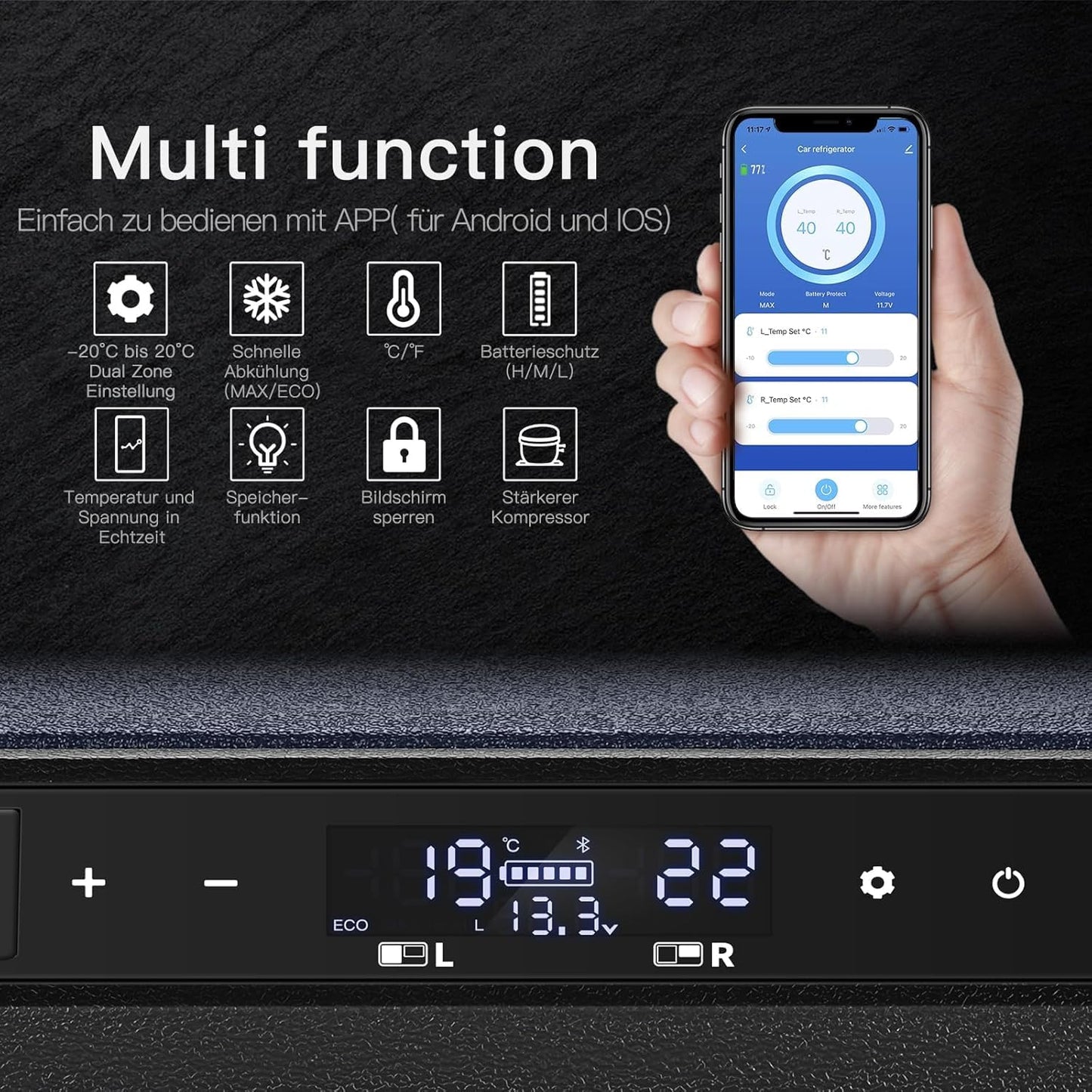 AAOBOSI 72L compressor cooler, car cooler with WiFi app control USB port, 12/24V and 100-240V cooler up to -20°C for car, truck, boat, RV, camping.