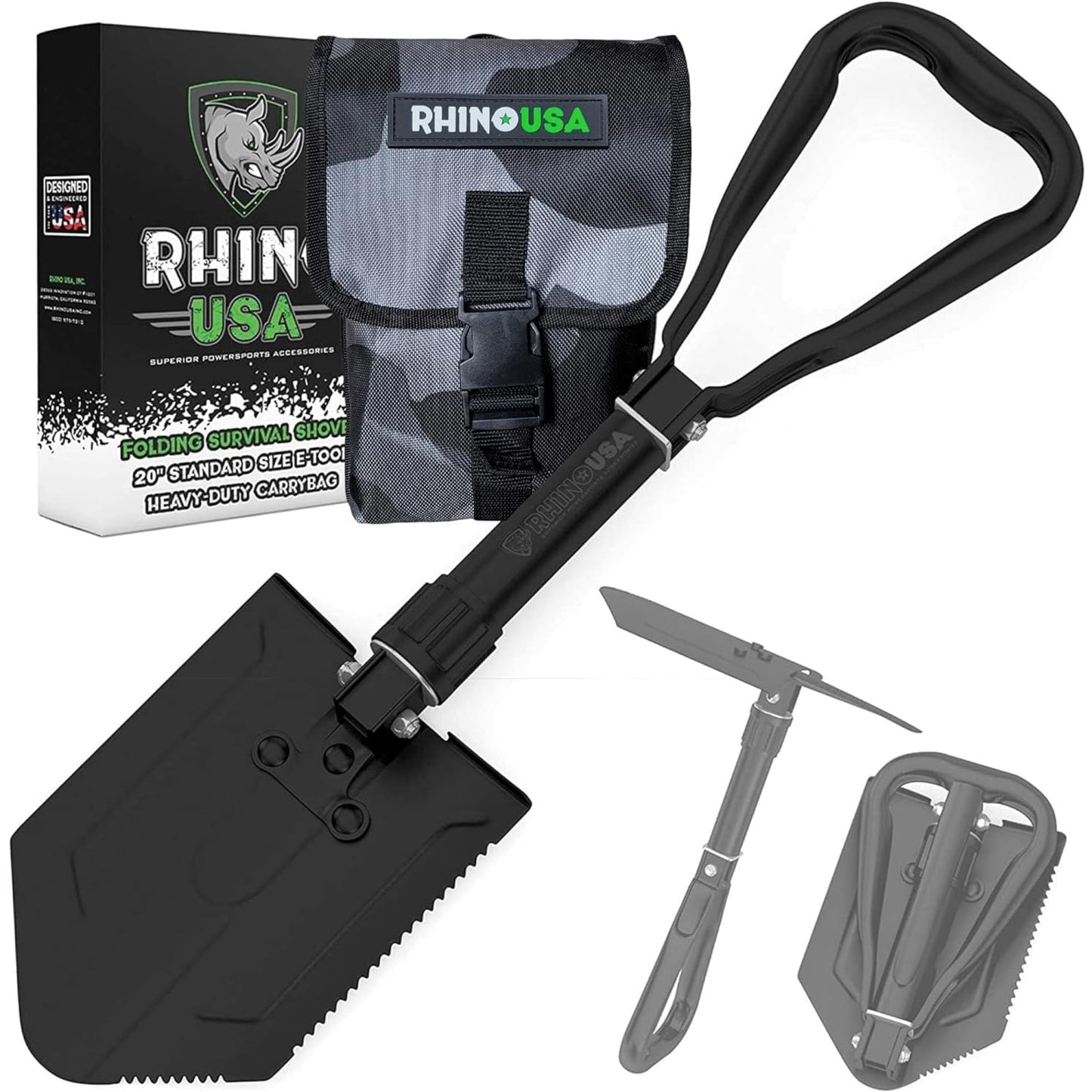 Rhino USA Folding Shovel with Pick for Survival Gear - Carbon Steel Folding Shovel for Outdoor Equipment, Camping gear, as a garden shovel, beach shovel and snow shovel.