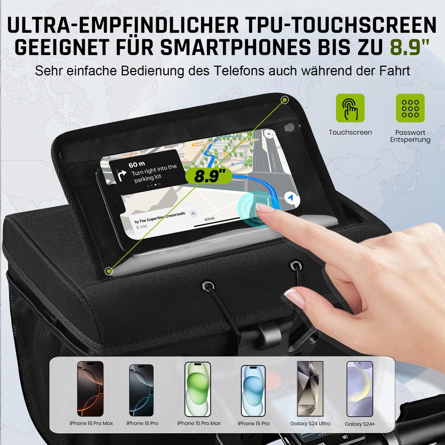 Lesolph handlebar bag for bike with handlebar adapter for bicycle and e-bike, 6L bike handlebar bag waterproof front bike basket accessory with phone holder, touchscreen, and removable shoulder strap.