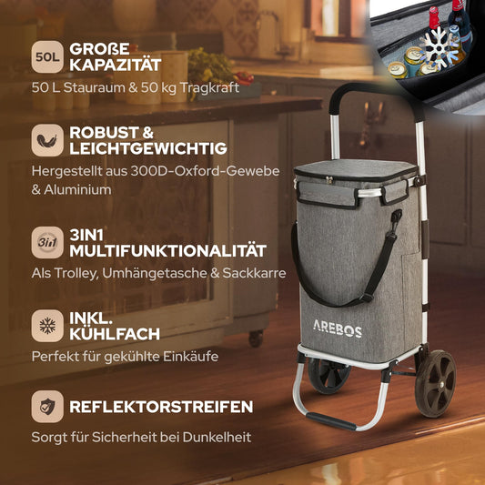 Arebos 3in1 shopping trolley | Large 56 liter cart | Shopping bag with cooler compartment | Bag with wheels | Folding shopper | Foldable bag removable | Shopping roller, hand cart | Gray