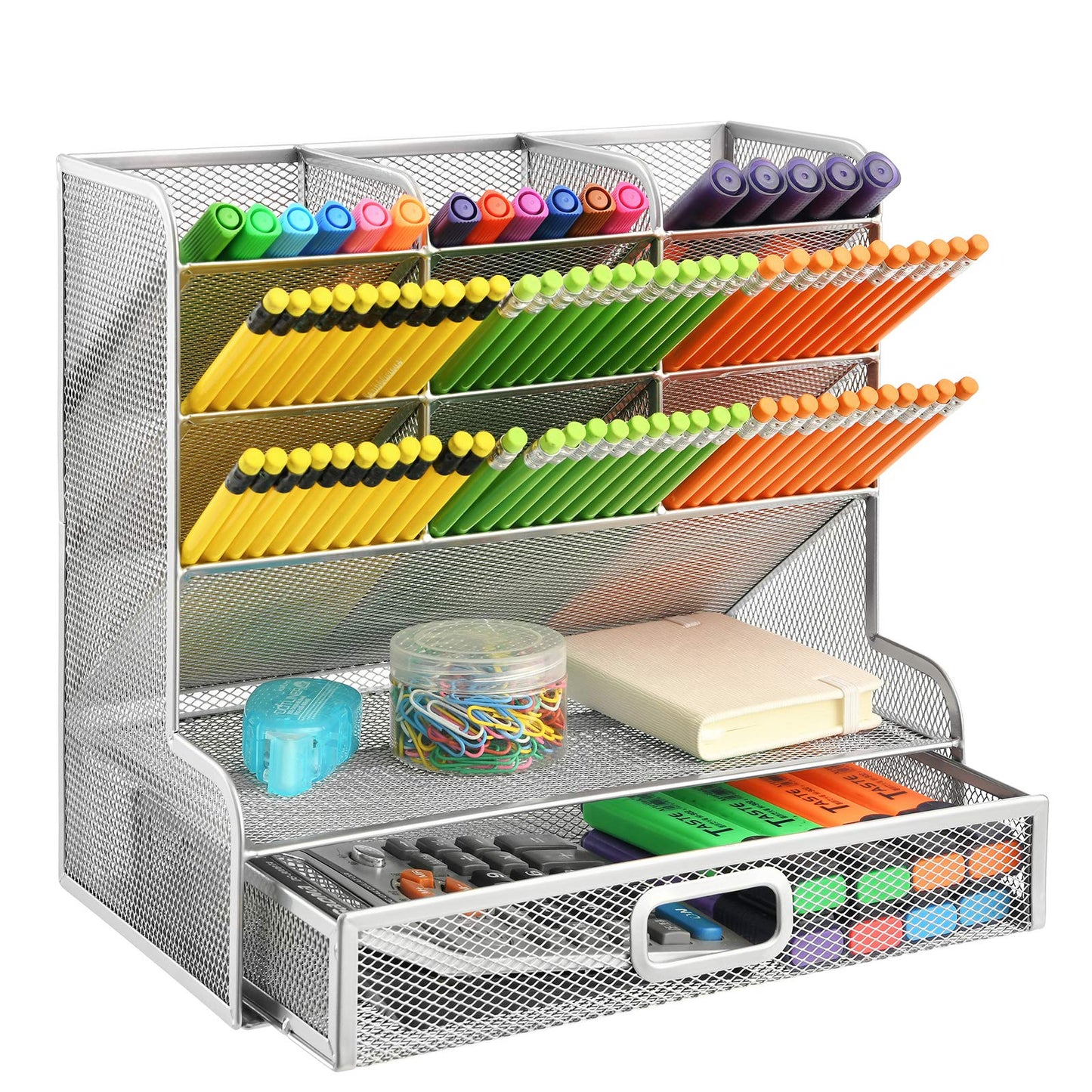 Marbrasse Mesh Desk Organizer, Multifunctional Pencil Holder, Desk Organizer, Storage Shelf for School and Home Office Supplies (Silver with Drawer)