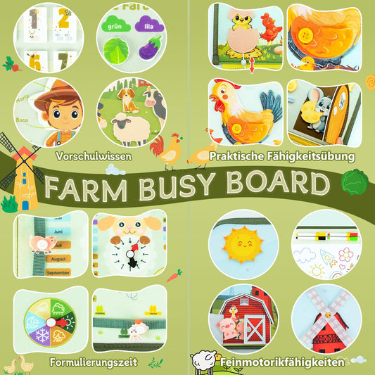 Busy Board German Montessori for 2 3 years, 10 in 1 Montessori toy Activity Board motor skills toy & educational toy for 2 3 4 5 years, Farm Busy Book toddler toy for long trips.