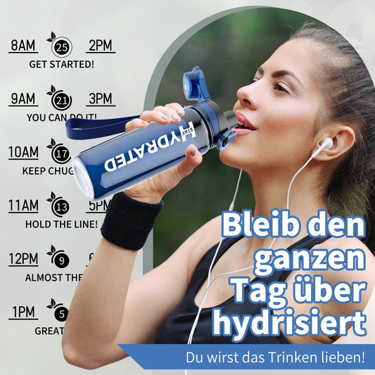 Mevoly 750ML water bottle, BPA-Free Tritan sports bottle with time markings. Leak-proof for fitness, outdoor, gym, school.