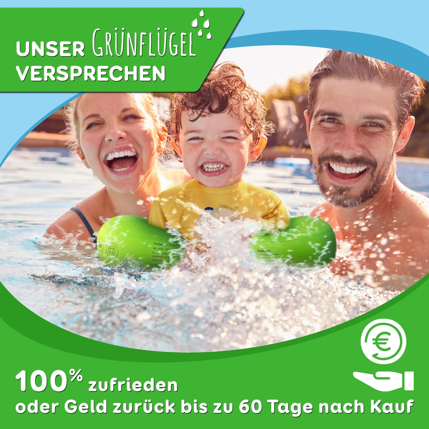 Green Wing Arm Floats for ages 1 and up - Safe & Skin-friendly & No phthalates I 11-30 Kg I Round arm floats Swim flotation device for babies 1 year old Children 2 years old Kids 3-6 years old