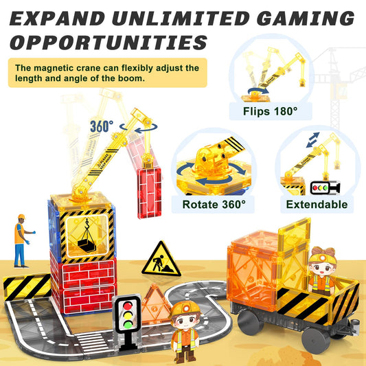 Children's play magnetic building blocks road set with retractable magnetic crane, city building toy for toddlers preschool toy age 4-6 5-7, gifts for boys girls from 3 years old Kids' toy
