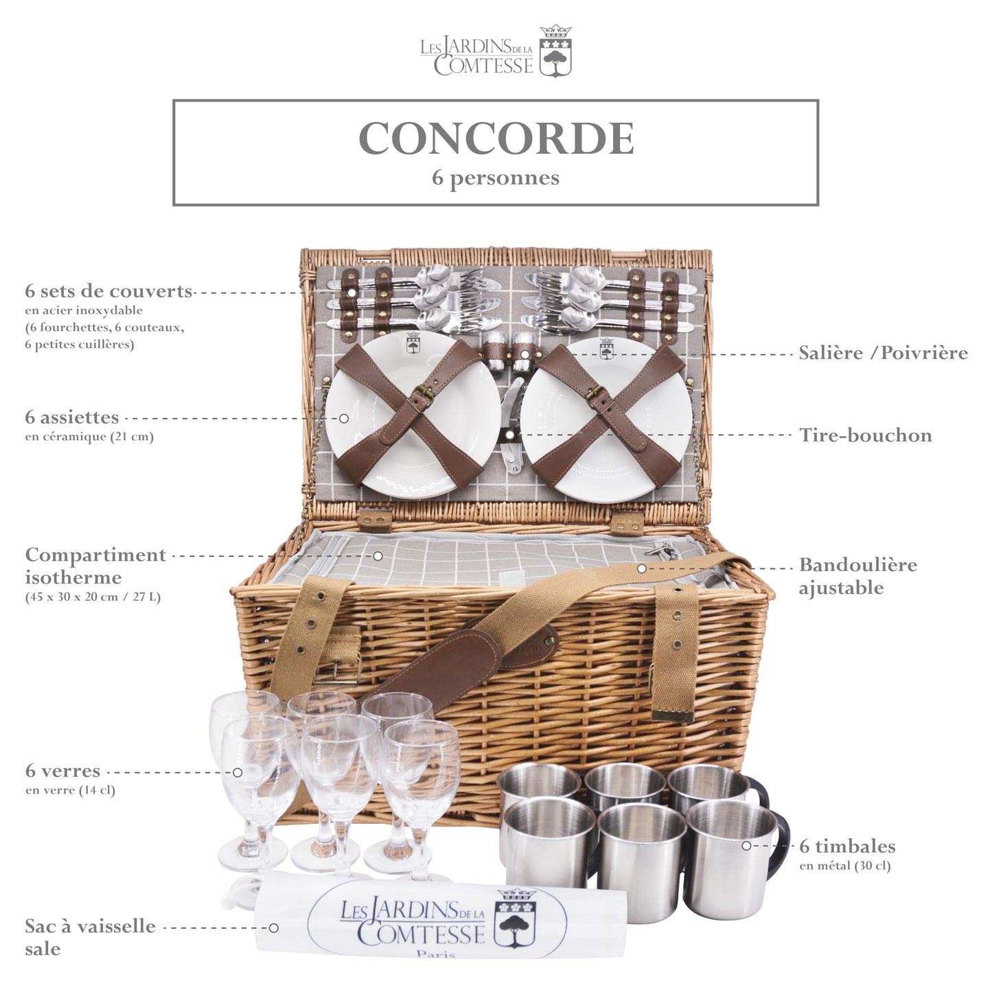 The Countess's Gardens - Picnic basket in wicker Concorde for 6 people, cooler, plates, wine glasses, aluminum timbales, fabric, 50 x 35 x 26 cm.