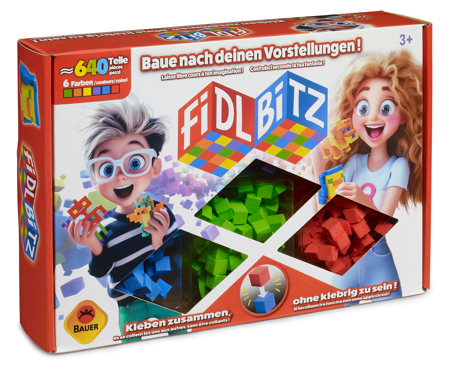 Fidl Bitz - Deluxe Set: Game set with approximately 640 colorful foam cubes for building and constructing, stick without sticking, float in water, blue/green/yellow/orange/purple/red (21102)