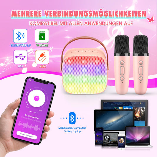 Dislocated Karaoke Machine with 2 Bluetooth microphones, girls' gift toy for 3-12 years old. Mini Karaoke microphone set for kids and adults. Portable speaker with DSP & LED lights.