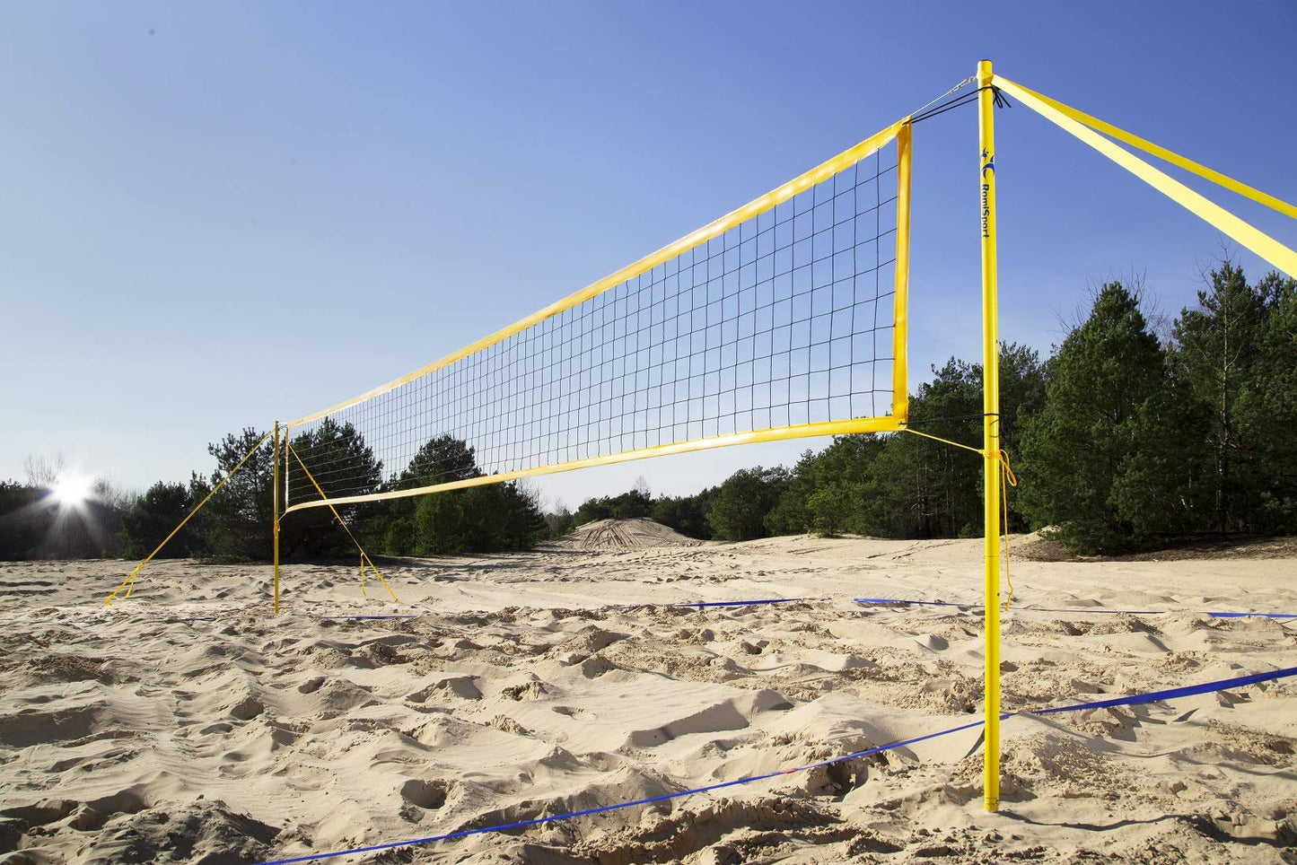 RomiSport set for volleyball: beach volleyball complete set with net, posts, courtline field markings. 8.5m volleyball net for outdoor beach grass park venues.