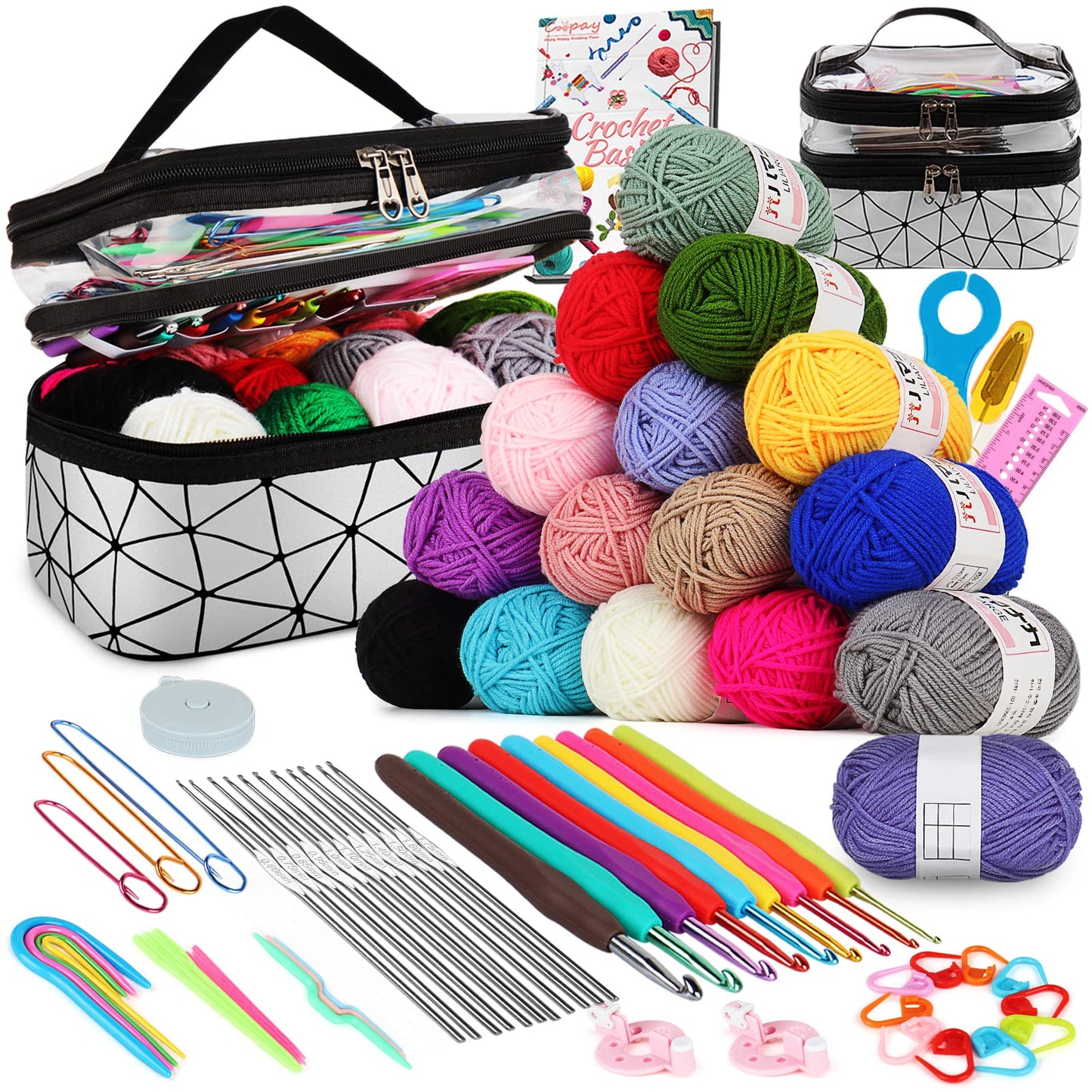 Coopay crochet set for beginners, 71 pieces crochet hook set with bag and yarn, premium crochet set with knitting accessories and yarn, 0.6-6.0mm crochet hook set, complete crochet for beginners gifts, silver