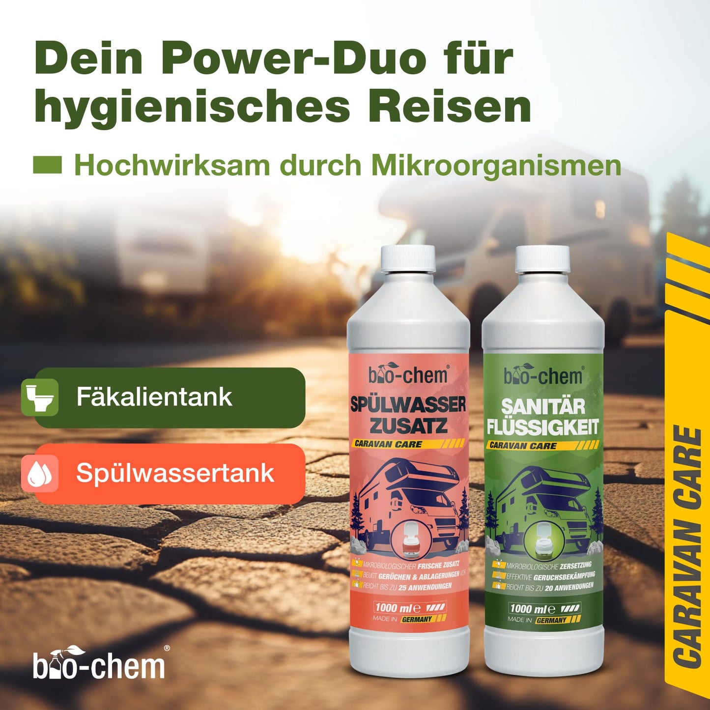 Bio-chem camping toilet additives: Microbiological sanitation liquid 1L + flushing water additive 1L including dosing cup - Sanitation additive for camping toilet, portable toilet, chemical toilet - Made in GER.