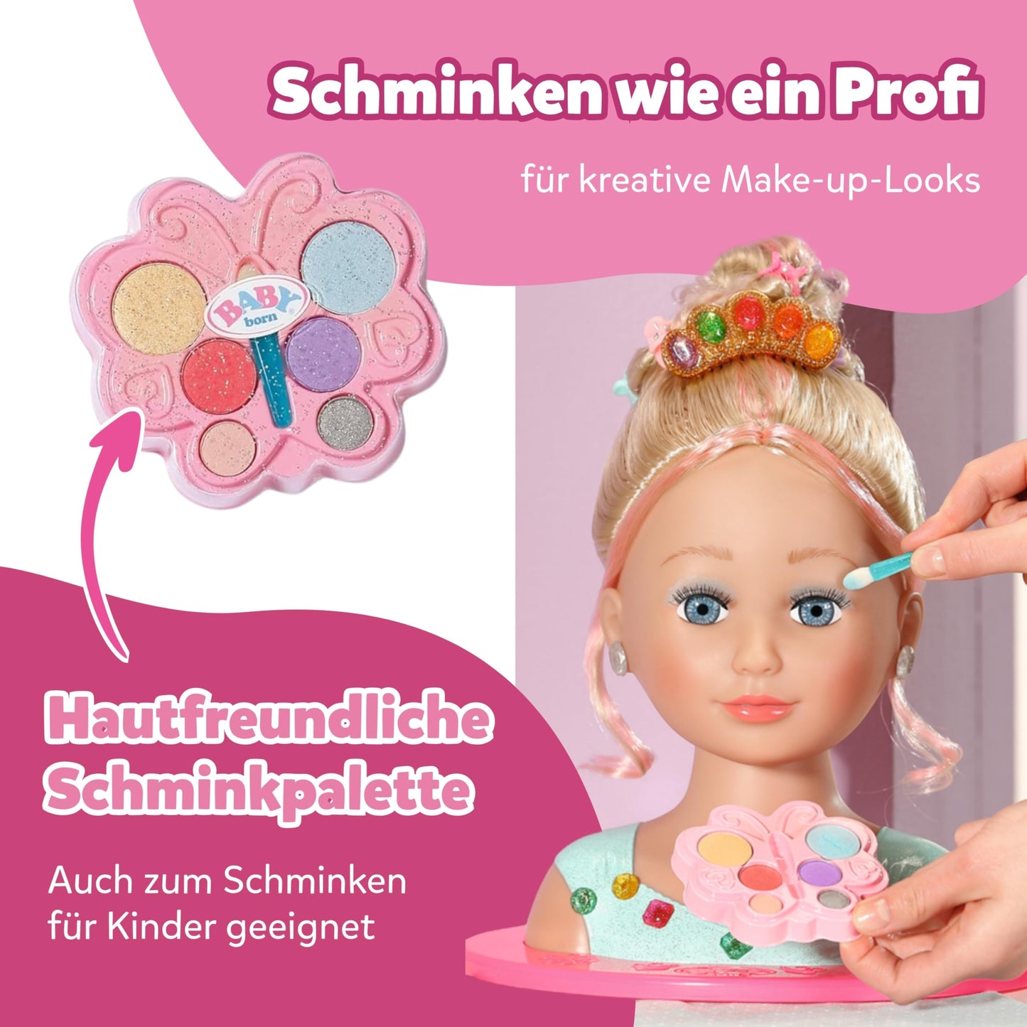 BABY Born Princess Styling Head, doll styling head for kids with long blonde hair including makeup palette, brush, and styling accessories, makeup for doll and kids' skin, 835432 Zapf Creation