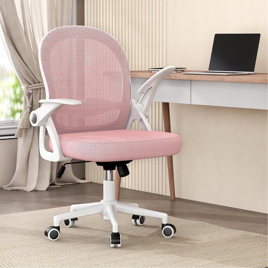 Rattan tree Ergonomic Office Chair, Desk Chair with Breathable Backrest, Height Adjustable, Mesh Chair with Foldable Armrests, Computer Chair, 360° Swivel Chair for Office, Home, Pink.