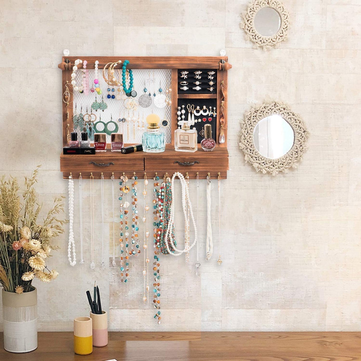 QILICZ Wall Jewelry Organizer with Bracelet Rod, 21 Hooks, Drawer Jewelry Storage for Earrings, Studs, Necklaces, Bracelets, Rings.