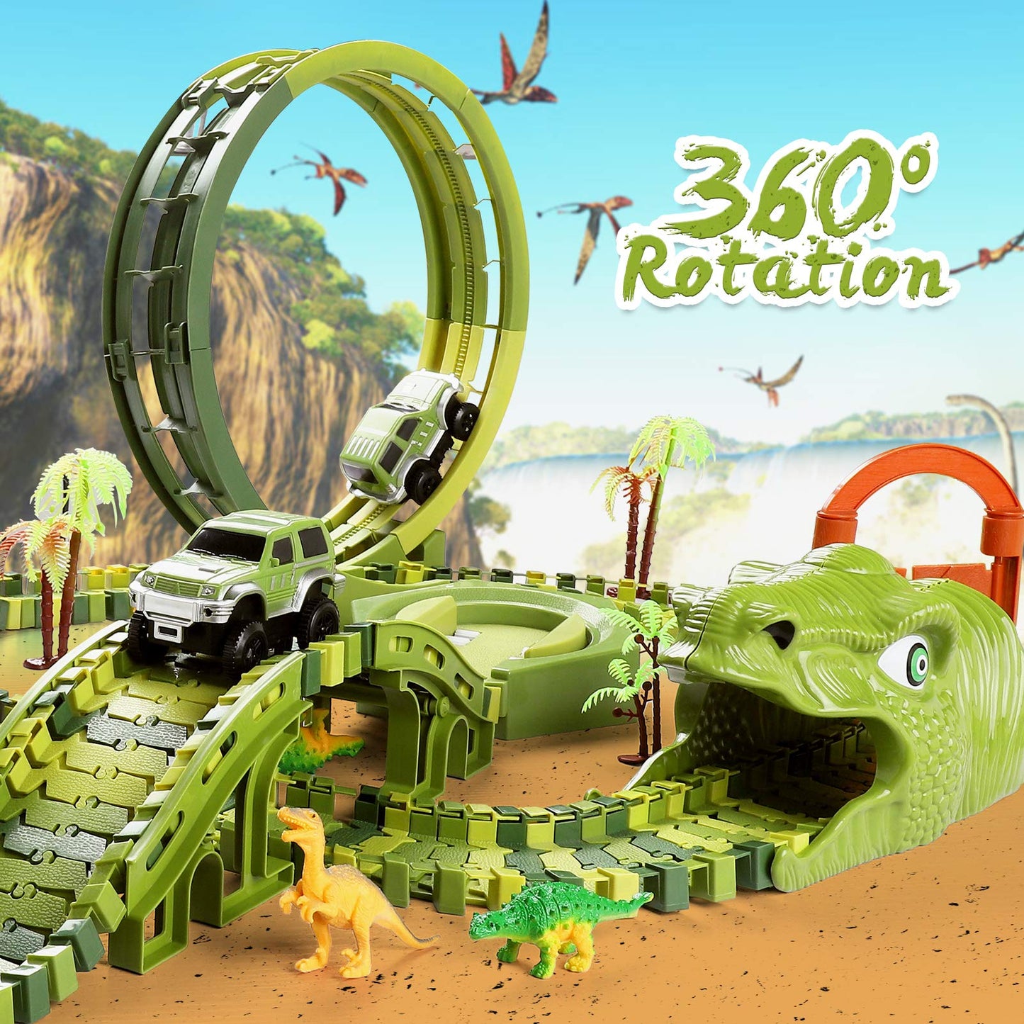 Burgkidz Dinosaur Race Track Play Vehicles Toy Set, 387 Pieces of Flexible Dino Tracks with 360 Loop and Car Turntable Playset, 2 Race Cars, Gift for Kids 3+ years old.