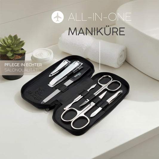 Manicure Set Solingen - Bestseller with top price/performance ratio - Genuine leather case handy and soft - 7-piece nail set for women and men marQus made of glossy nickel-plated polished steel