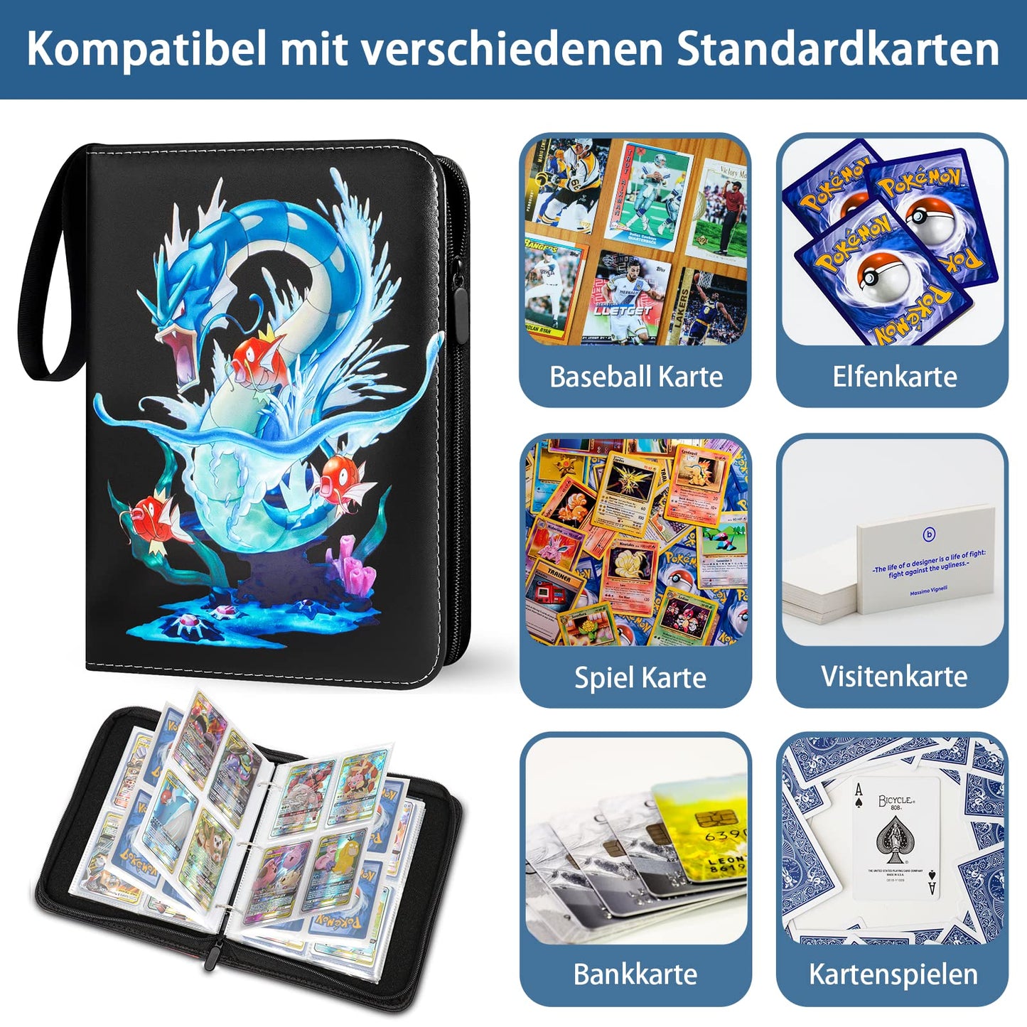 Pokemon card collection album, 400 cards, 4 pockets per page, 50 pages in total. Made of high quality waterproof PU leather. Perfect gift for kids.